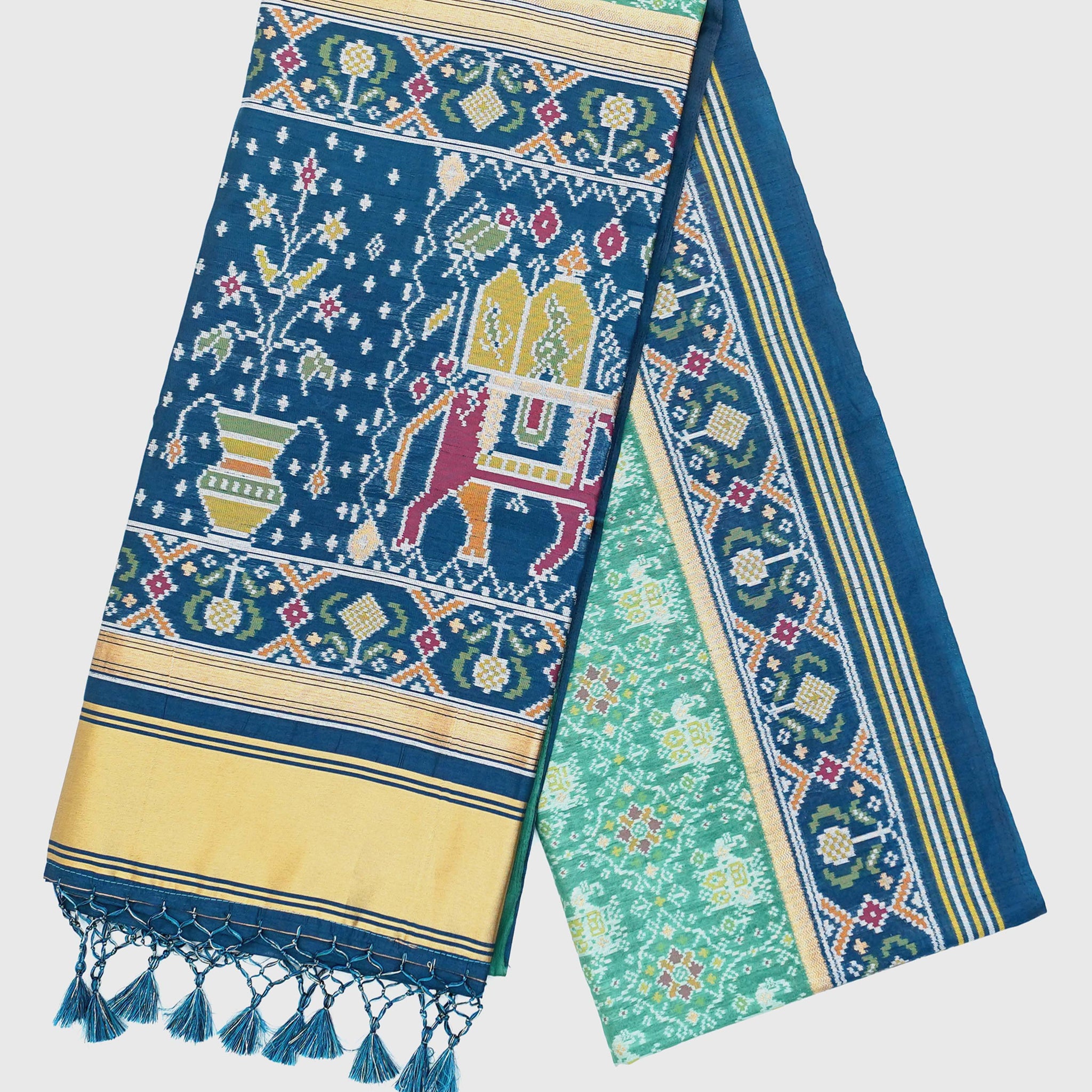 Medium Green & Deep Steel Blue Ghicha Art Silk Saree