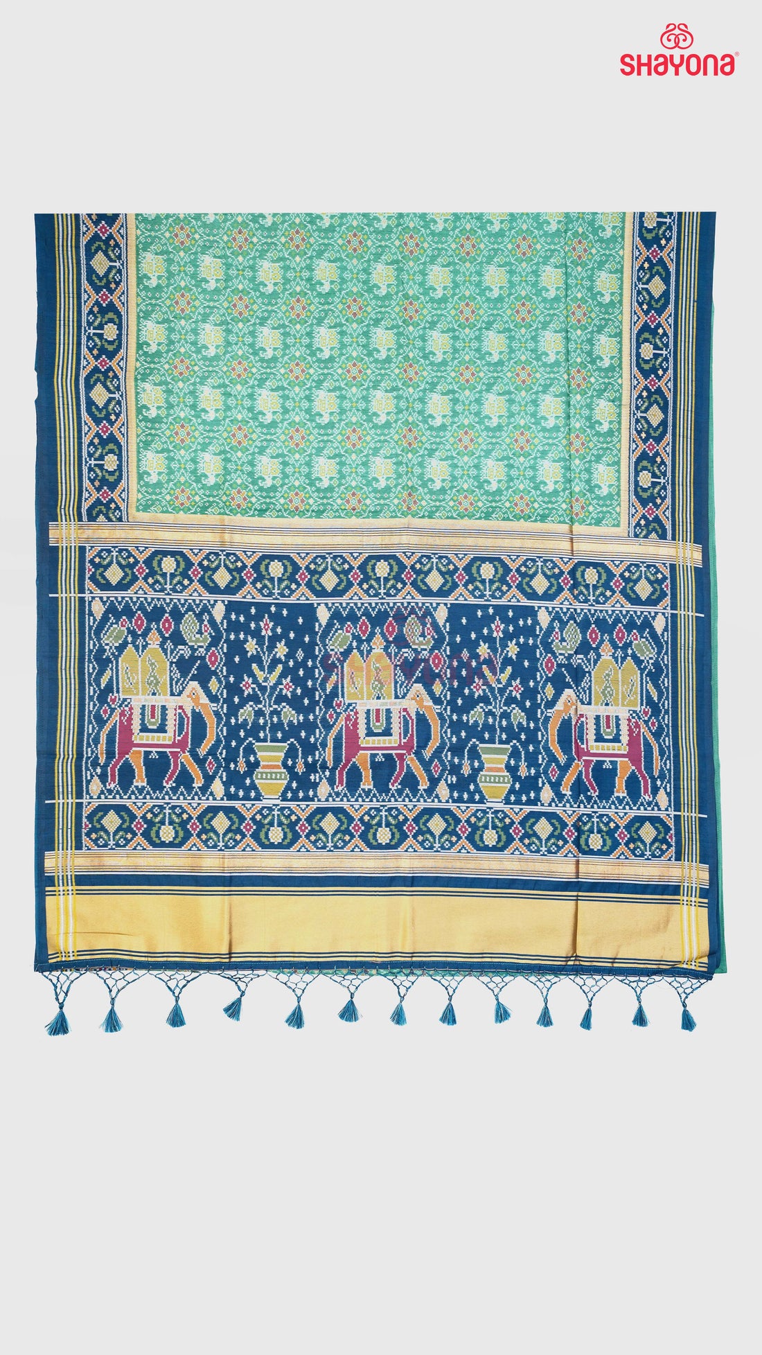 Medium Green & Deep Steel Blue Ghicha Art Silk Saree