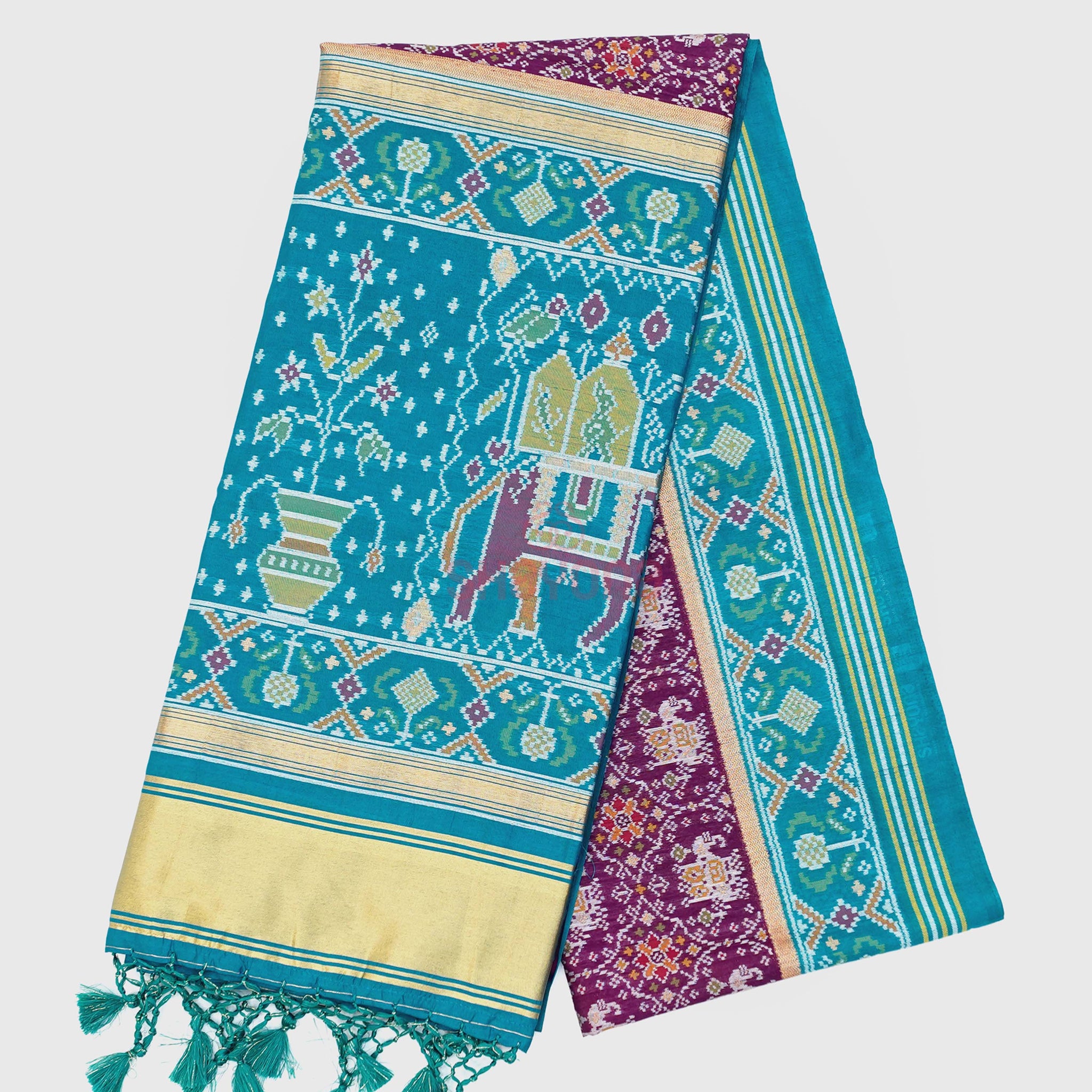 Dark Purple & Dark Deep Sky Blue Ghicha Art Silk Saree