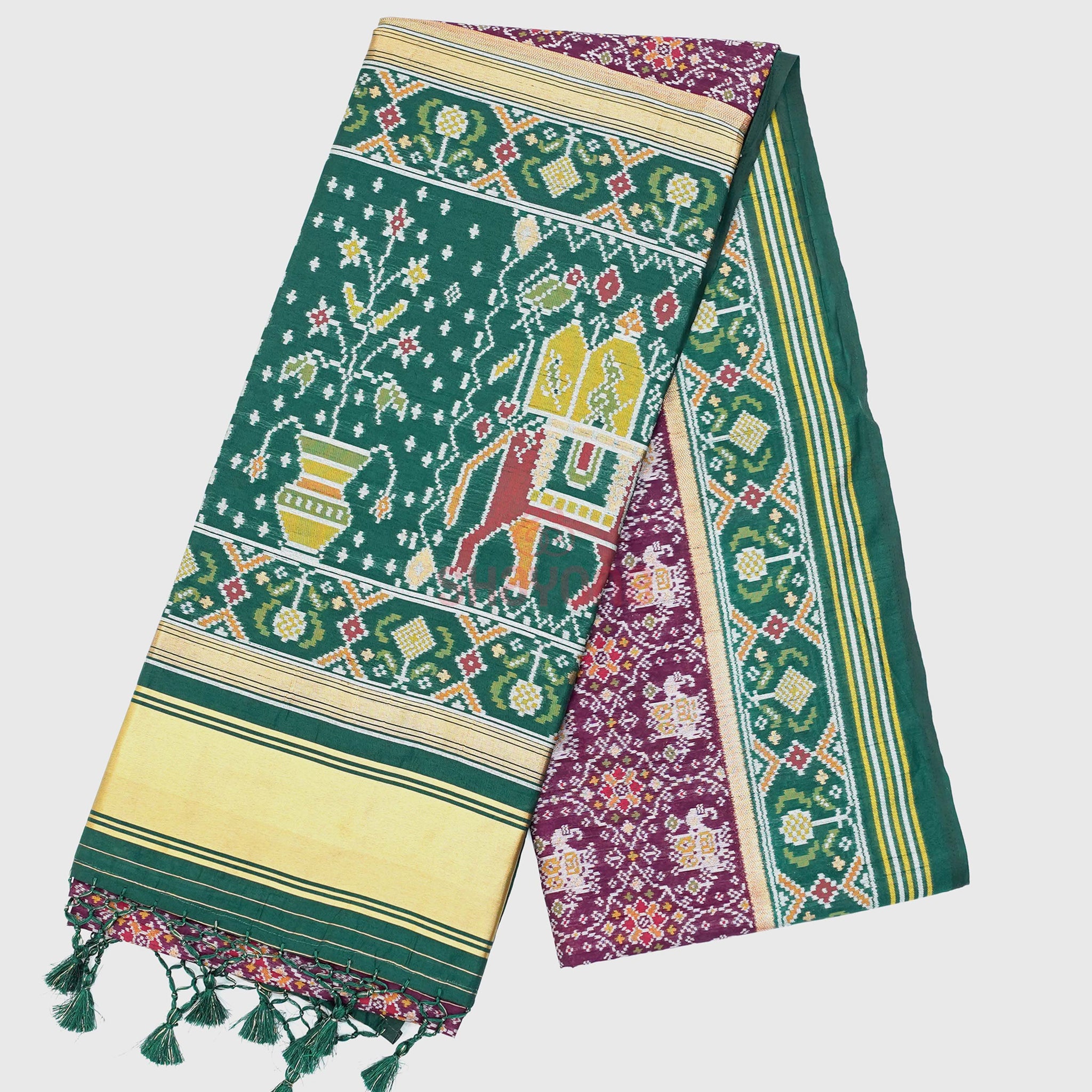 Wine & Pomona Green Ghicha Art Silk Saree