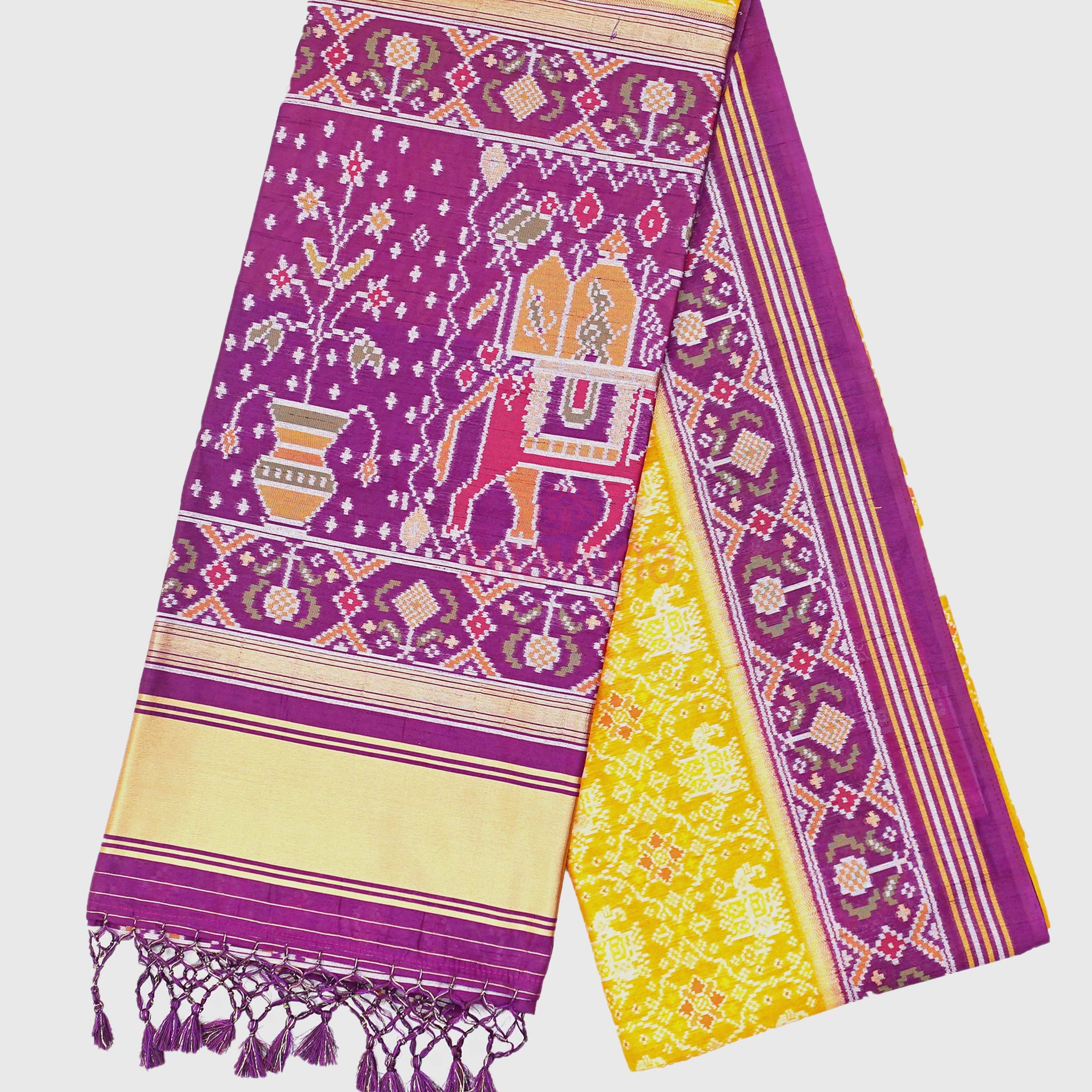 Mustard & Dark Purple Ghicha Art Silk Saree
