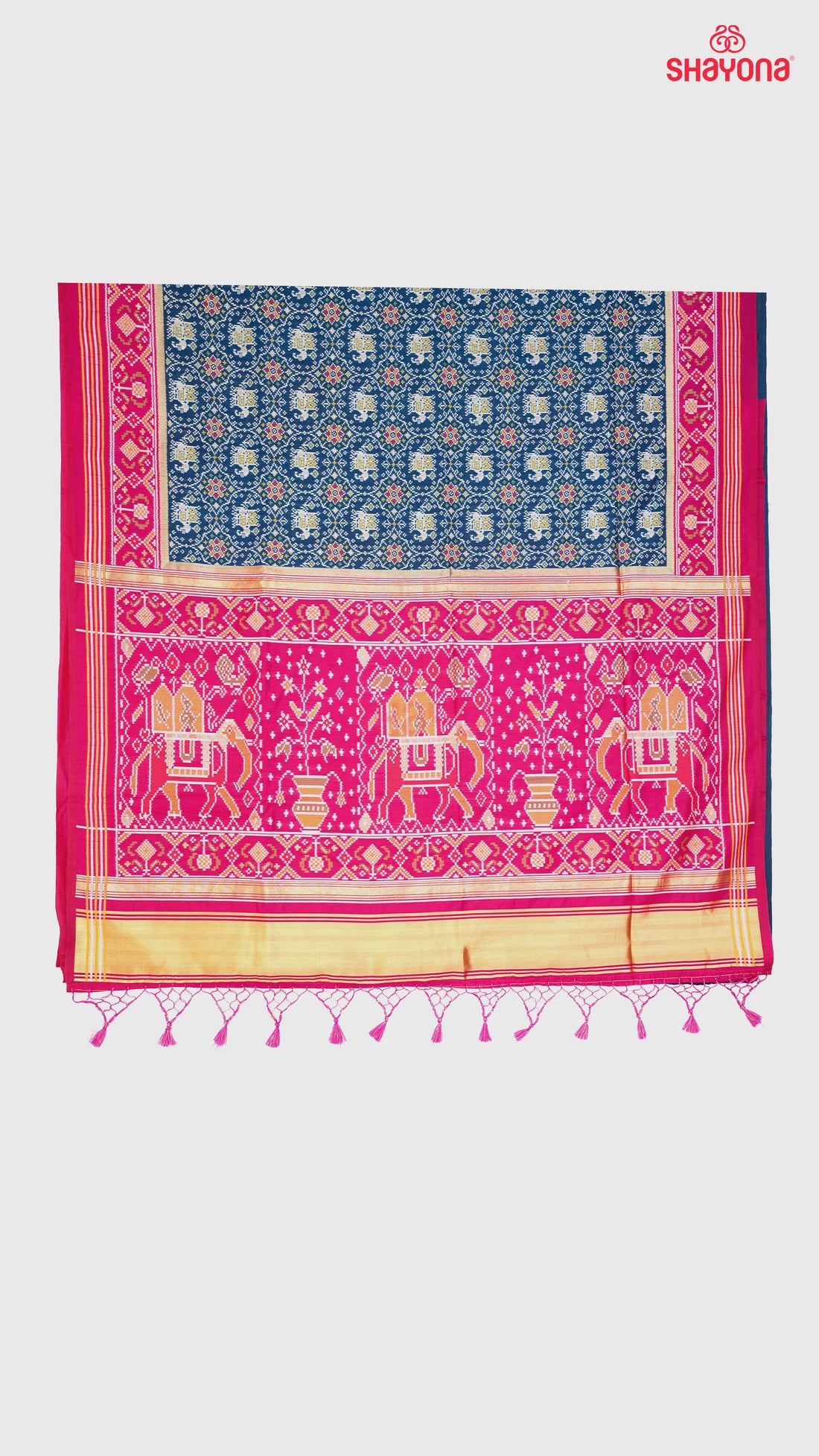 Dark Navy Blue & Violet Red Ghicha Art Silk Saree