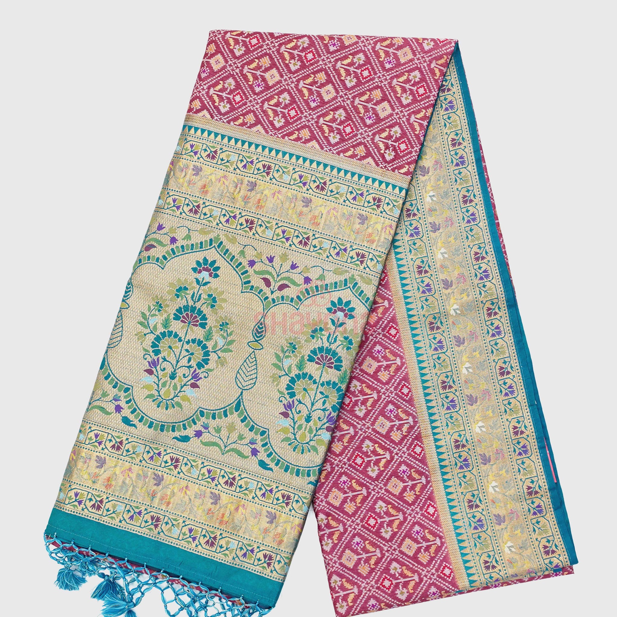 Medium Onion & Steel Blue Ghicha Art Silk Saree