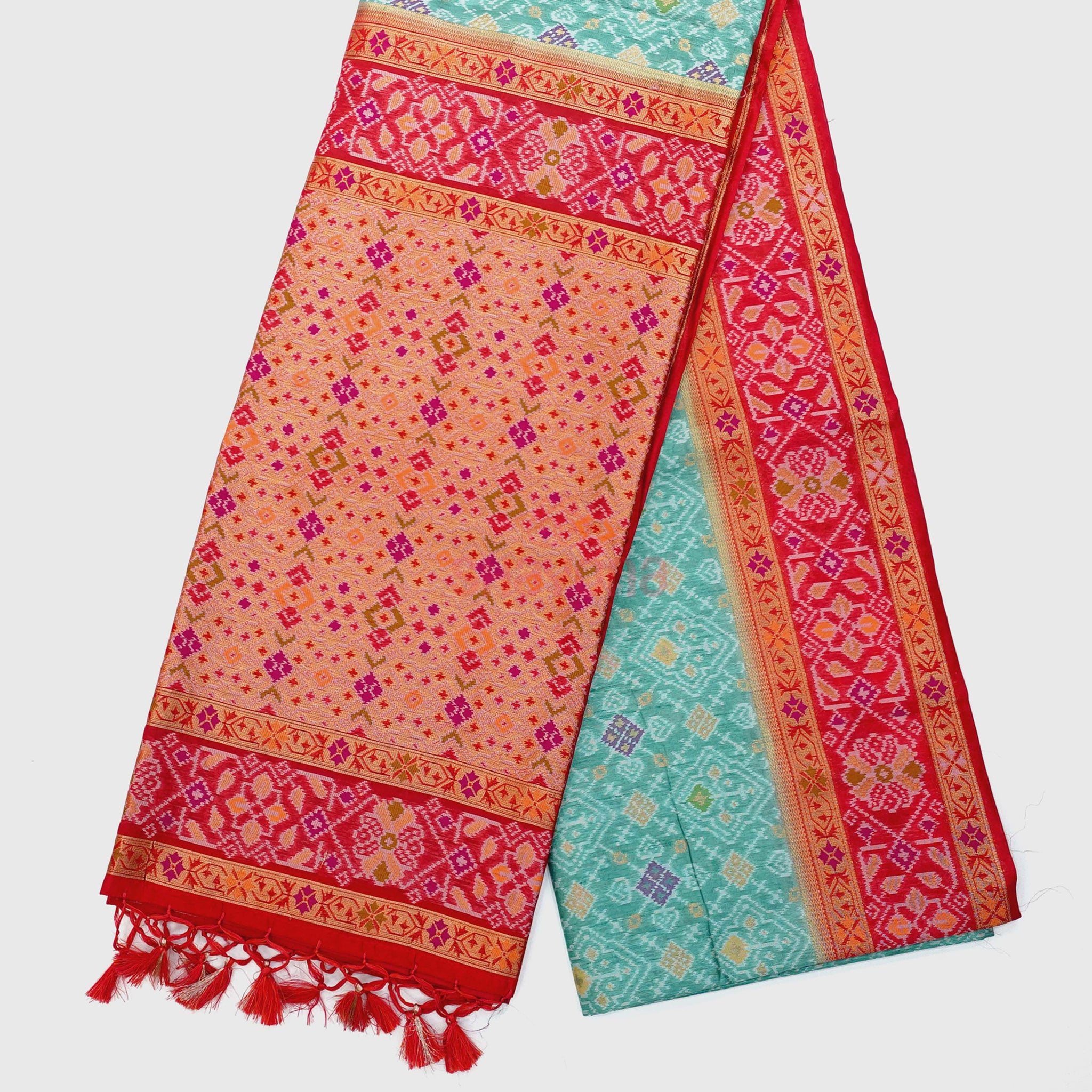 Pestal Sky Blue & Red Ghicha Art Silk Saree