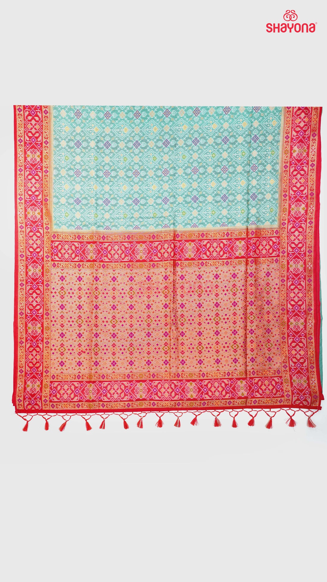 Pestal Sky Blue & Red Ghicha Art Silk Saree