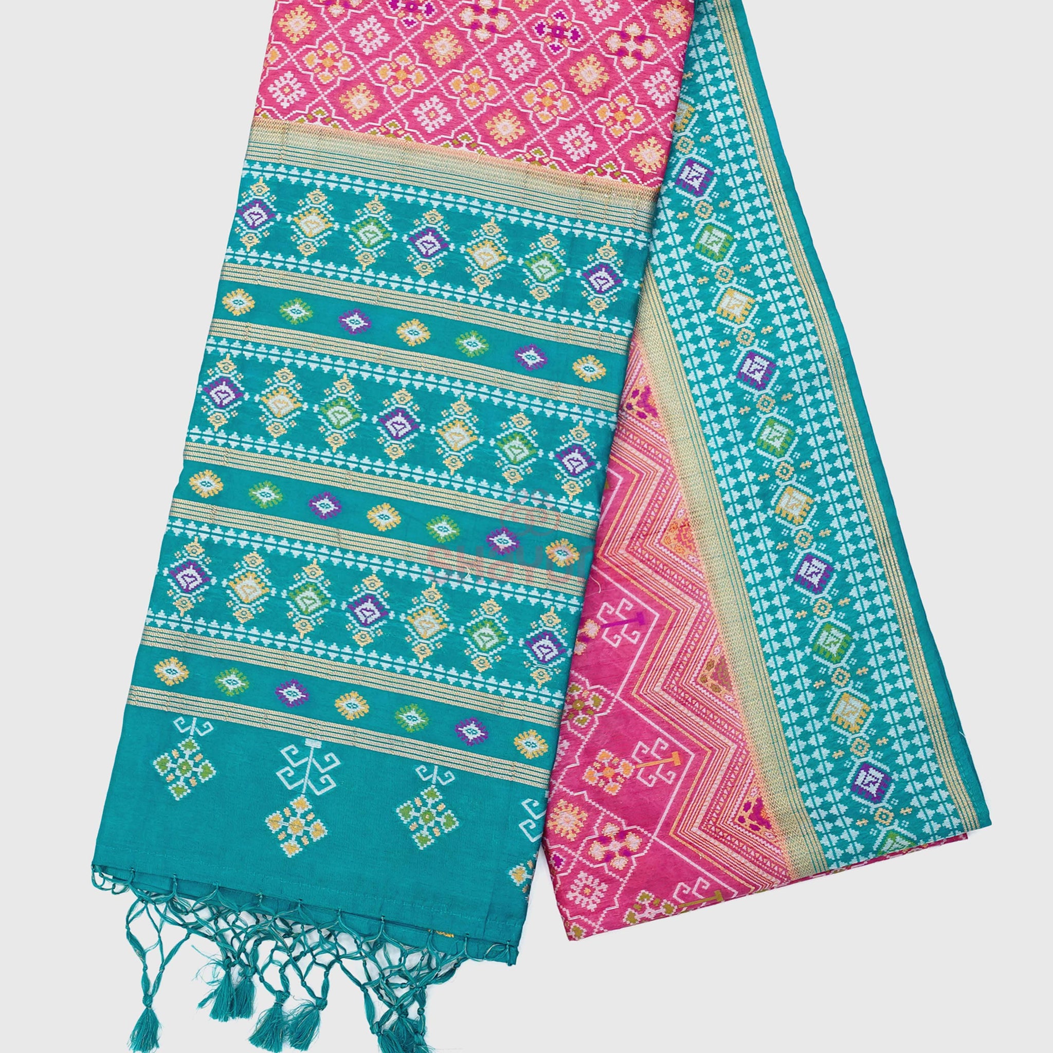 Dark Pink & Cadet Blue Ghicha Art Silk Saree
