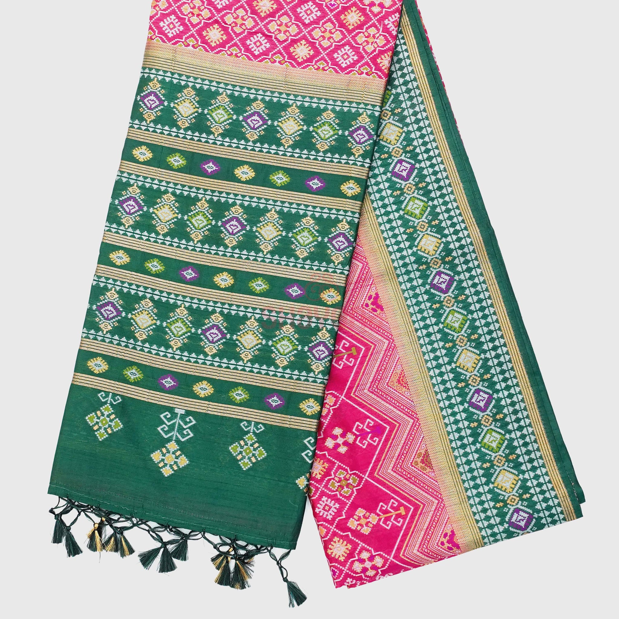 Dark Violet Red & Pomona Green Ghicha Art Silk Saree