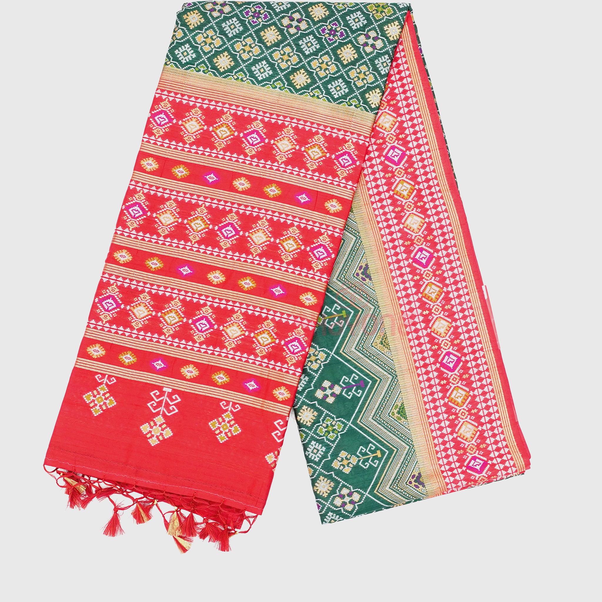 Pomona Green & Red Ghicha Art Silk Saree