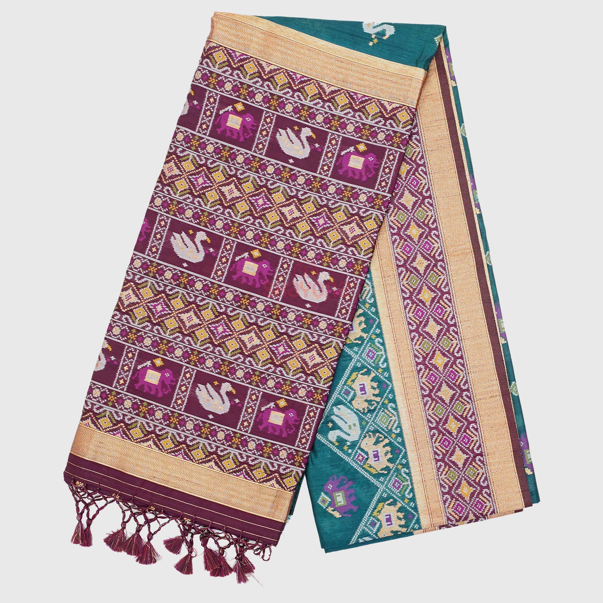 Dark Cadet Blue & Wine Ghicha Art Silk Saree