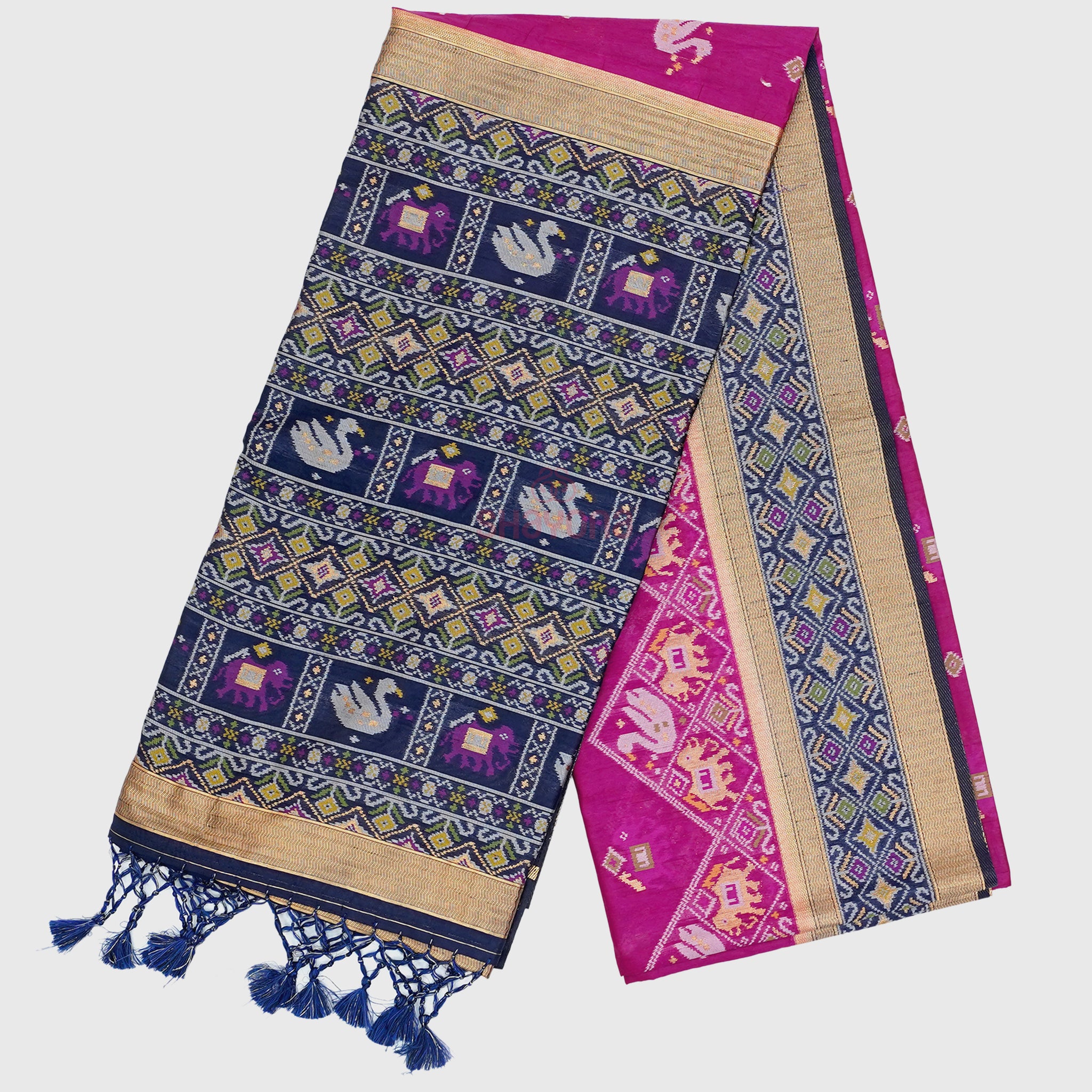 Dark Violet Red & Dark Navy Blue Ghicha Art Silk Saree
