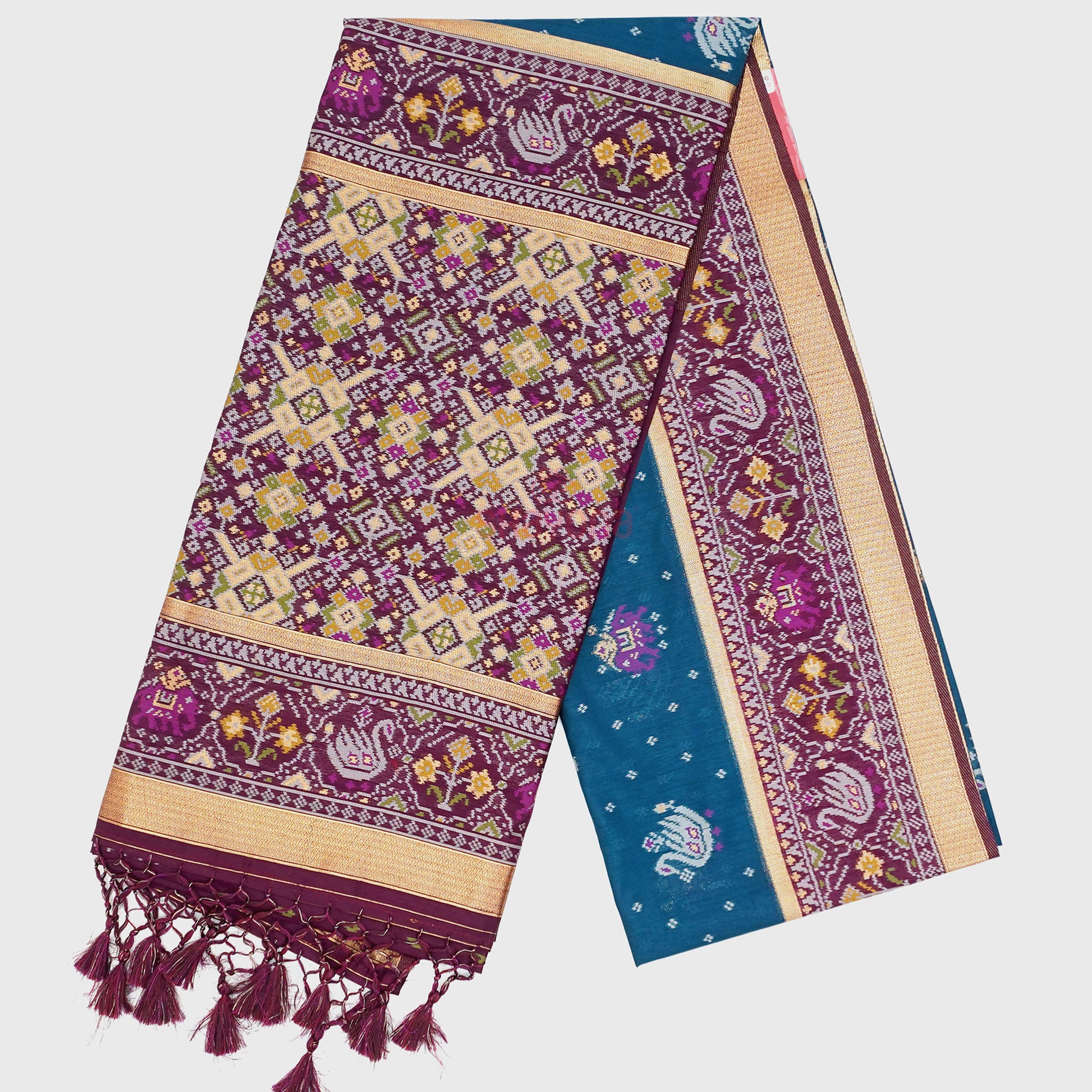 Deep Steel Blue & Wine Ghicha Art Silk Saree