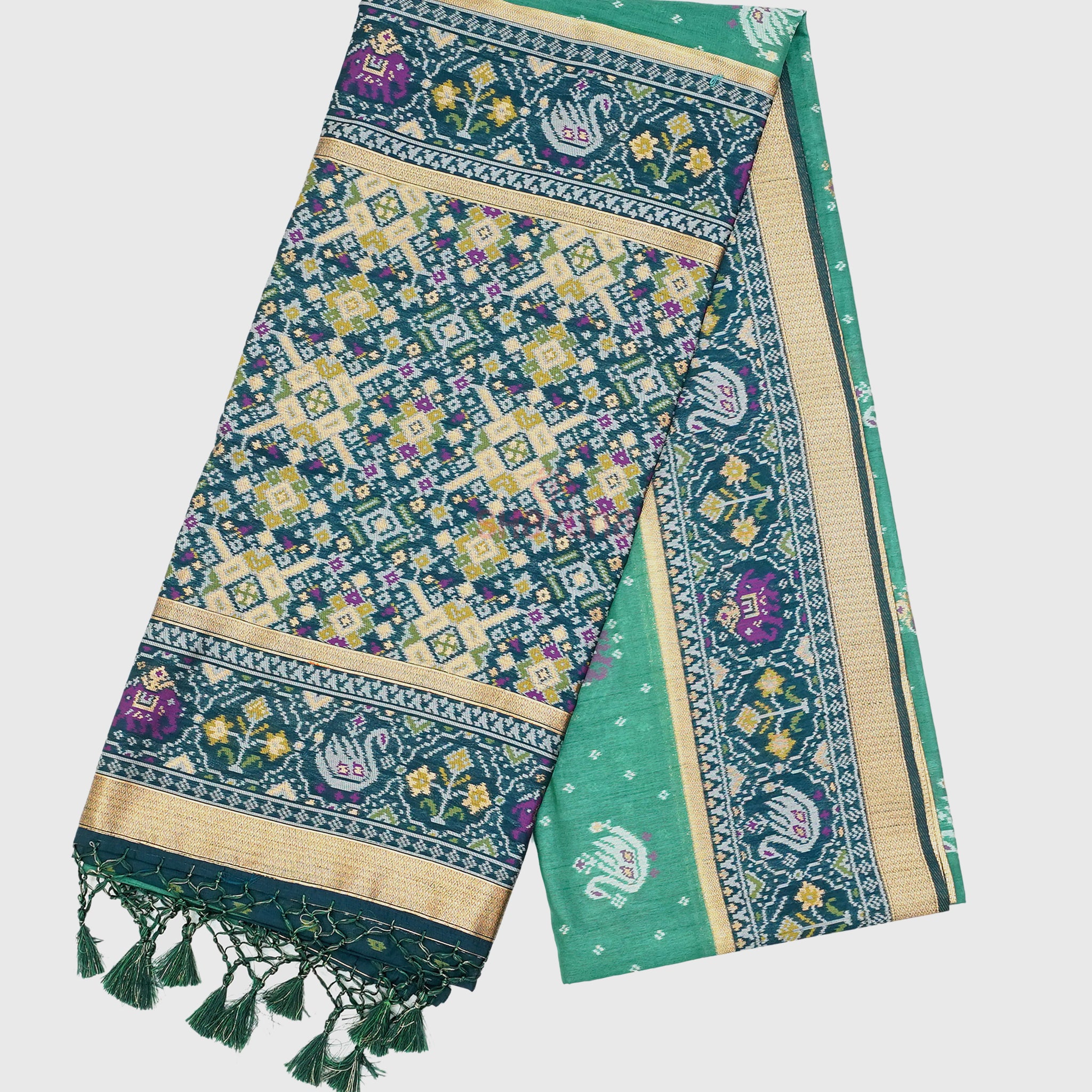 Sea Green & Dark Cadet Blue Ghicha Art Silk Saree