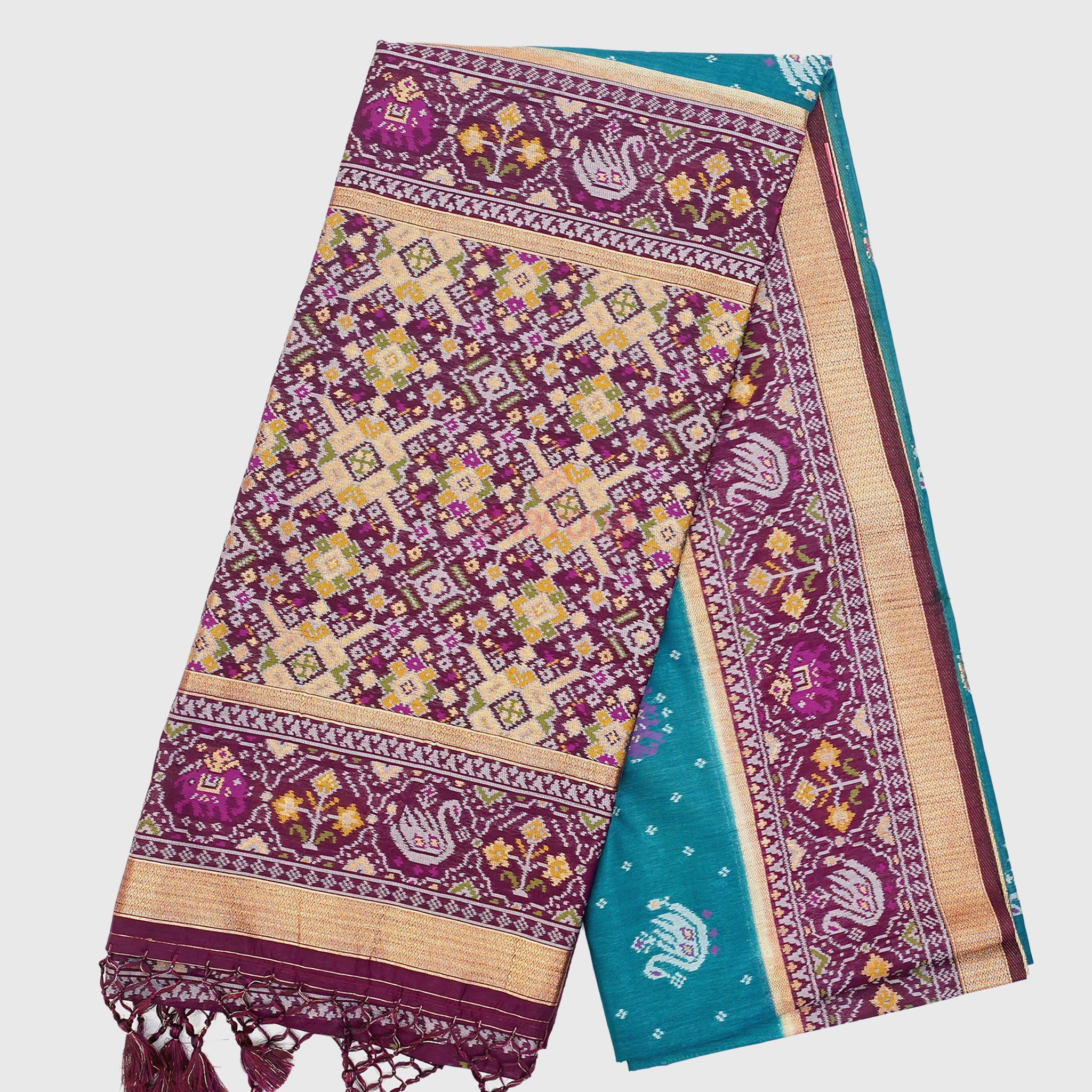 Dark Cadet Blue & Wine coloured Ghicha Art Silk Saree
