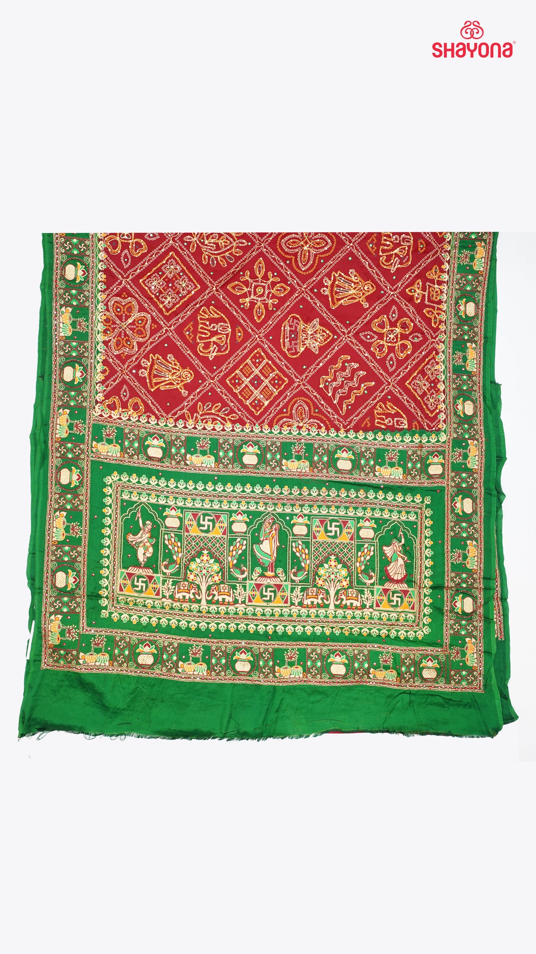 Maroon & Dark Green Pure Gajji Silk Gharchola Saree