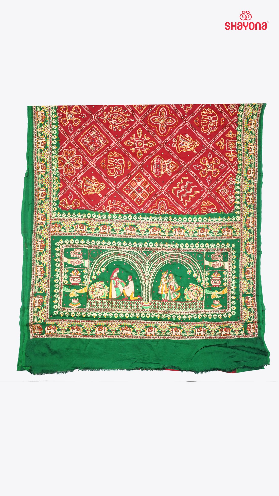 Maroon & Dark Green Pure Gajji Silk Gharchola Saree