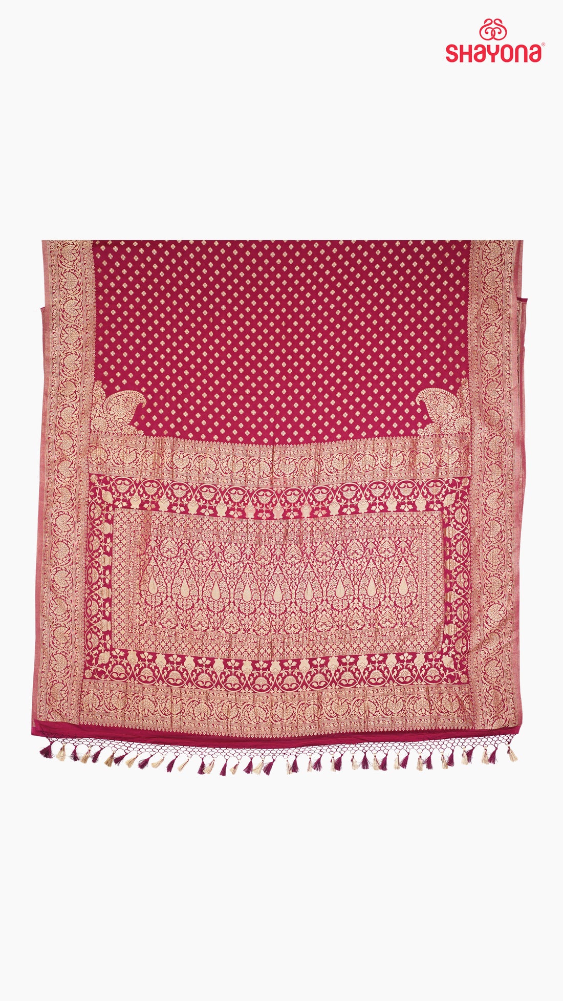 Dark Violet Red Banarasi Georgette Khaddi Print Saree with All-Over Butti, Jaal Weave, Nakshi Border & Heavy Pallav