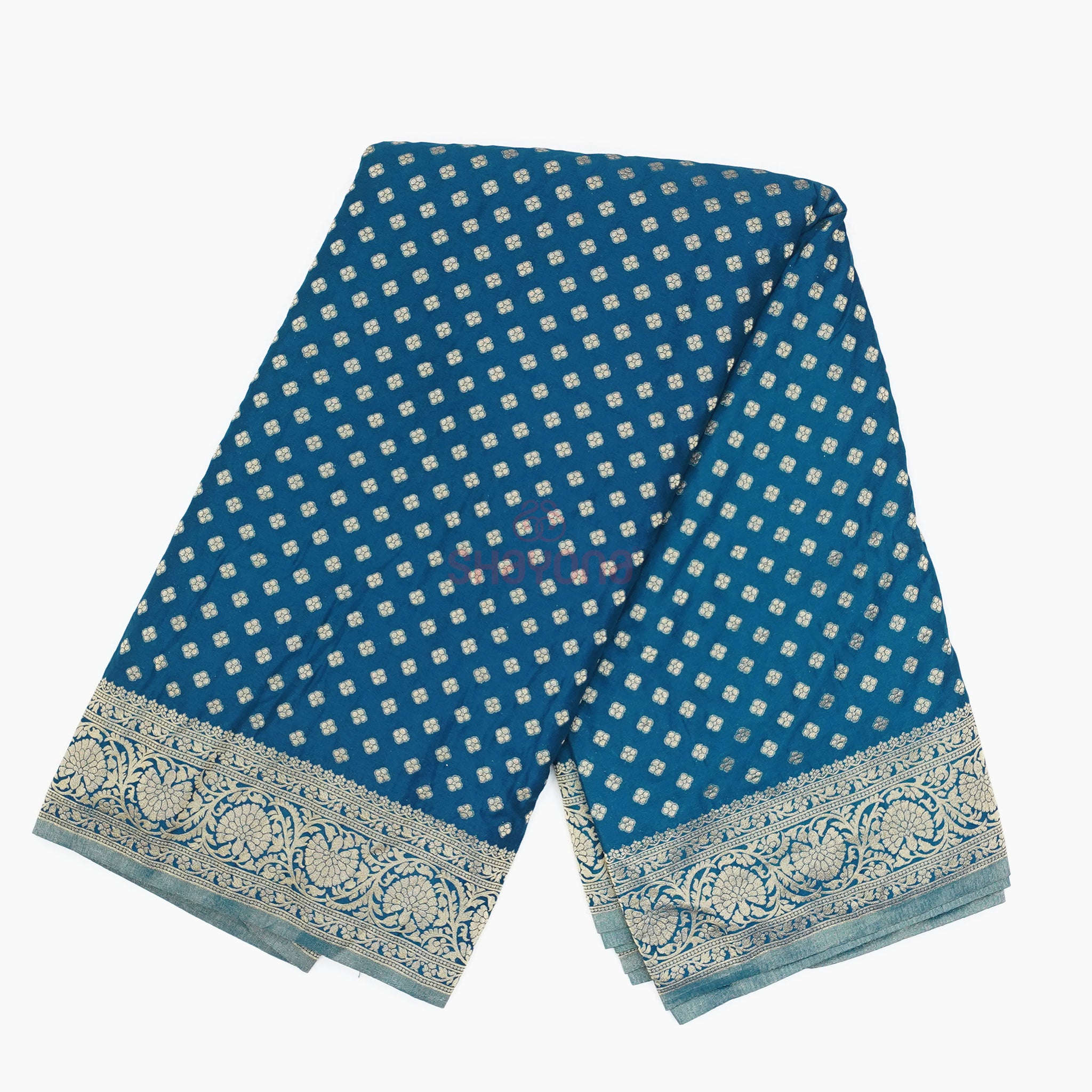 Deep Steel Blue Banarasi Georgette Khaddi Print Saree with All-Over Butti, Jaal, Nakshi Border & Heavy Pallav