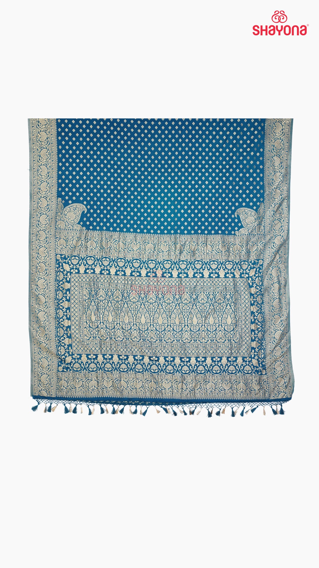 Deep Steel Blue Banarasi Georgette Khaddi Print Saree with All-Over Butti, Jaal, Nakshi Border & Heavy Pallav