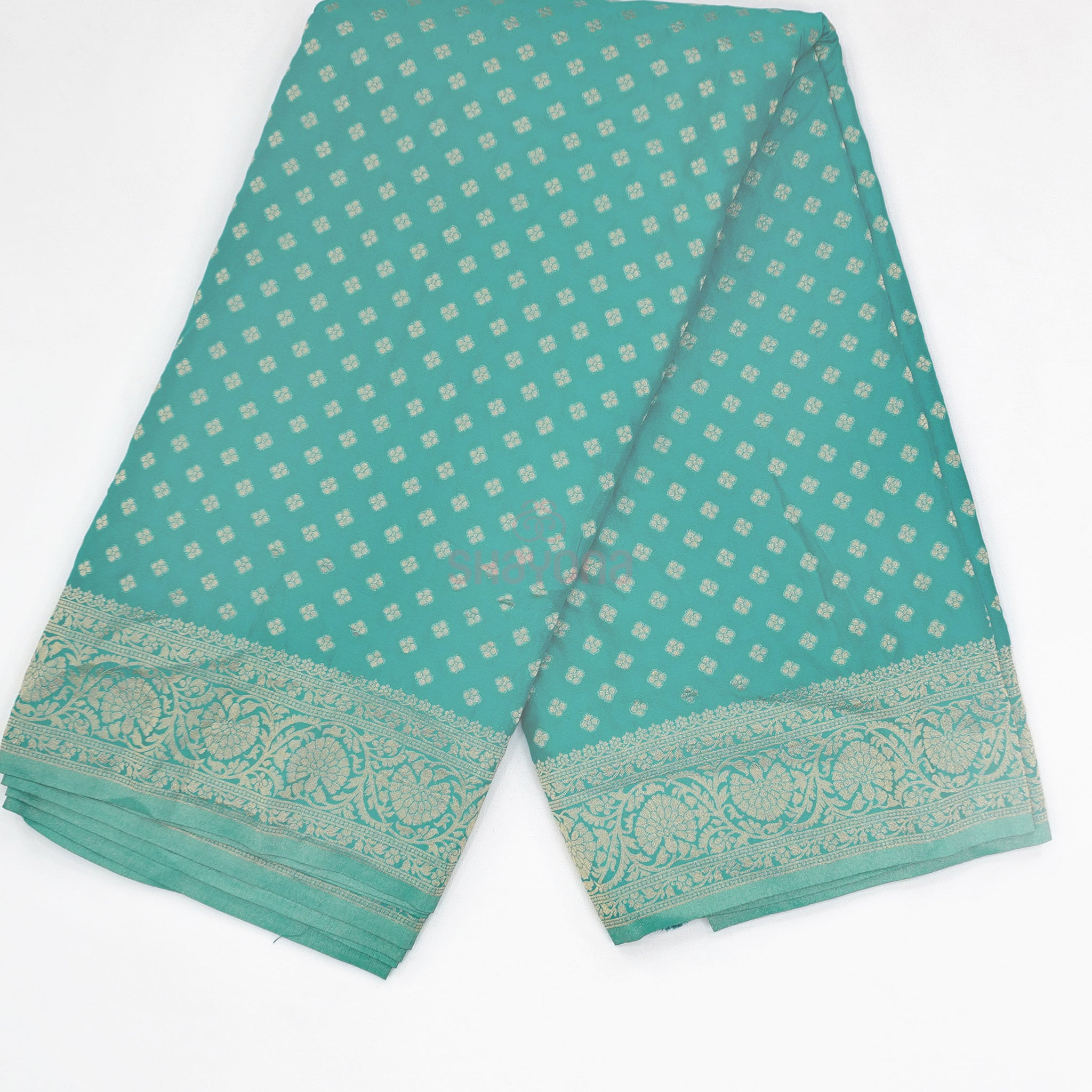 Cadet Blue Banarasi Georgette Khaddi Print Saree with All-Over Butti, Jaal, Nakshi Border & Heavy Pallav