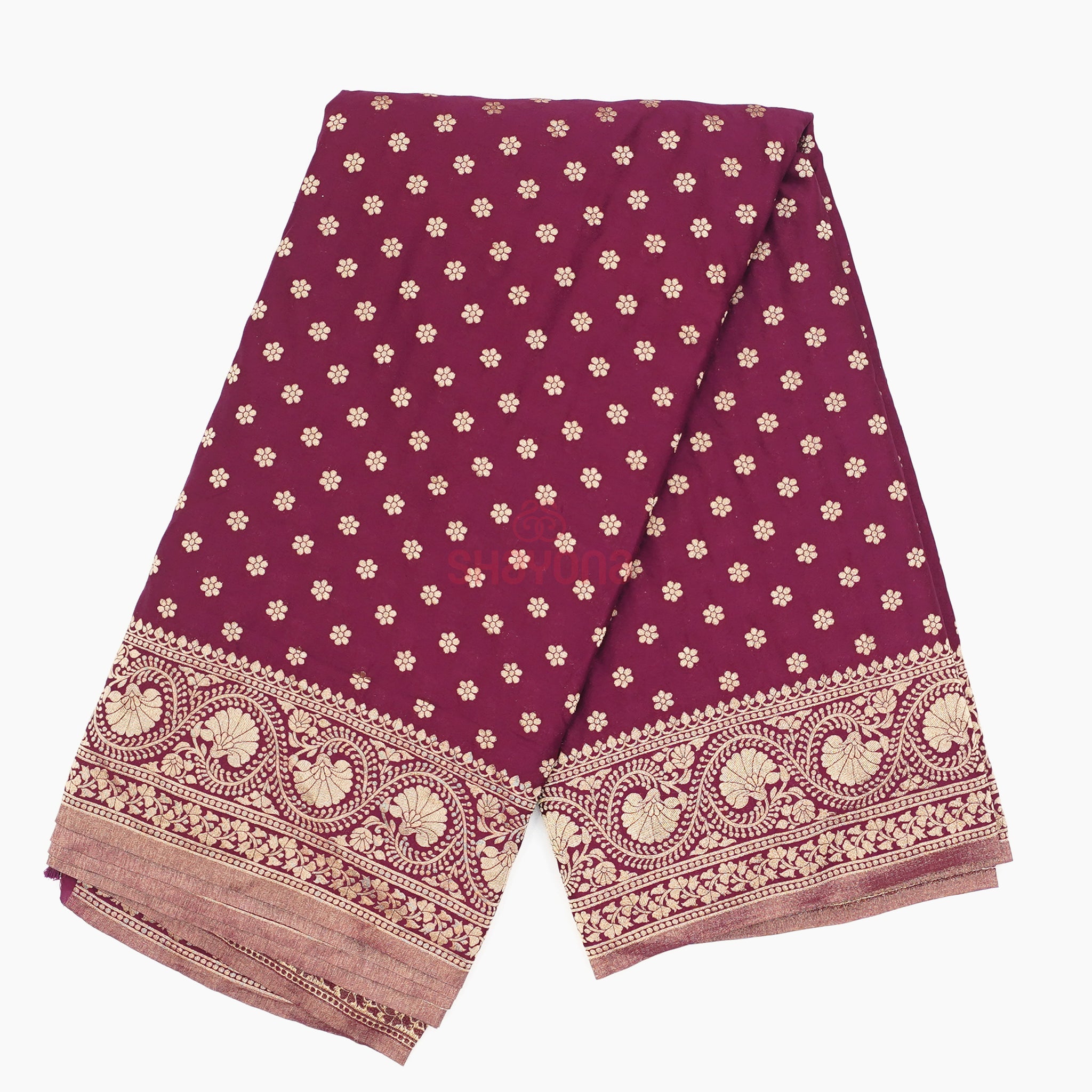 Wine Banarasi Georgette Khaddi Print Saree with All-Over Butti, Jaal Weave, Nakshi Border & Heavy Pallav