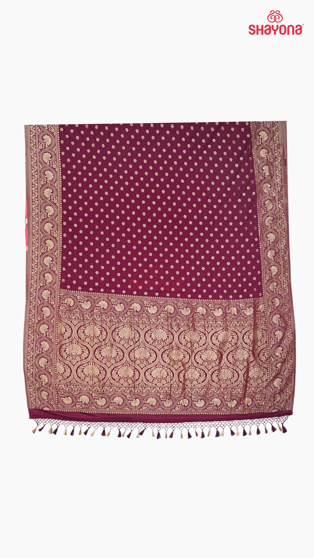 Wine Banarasi Georgette Khaddi Print Saree with All-Over Butti, Jaal Weave, Nakshi Border & Heavy Pallav