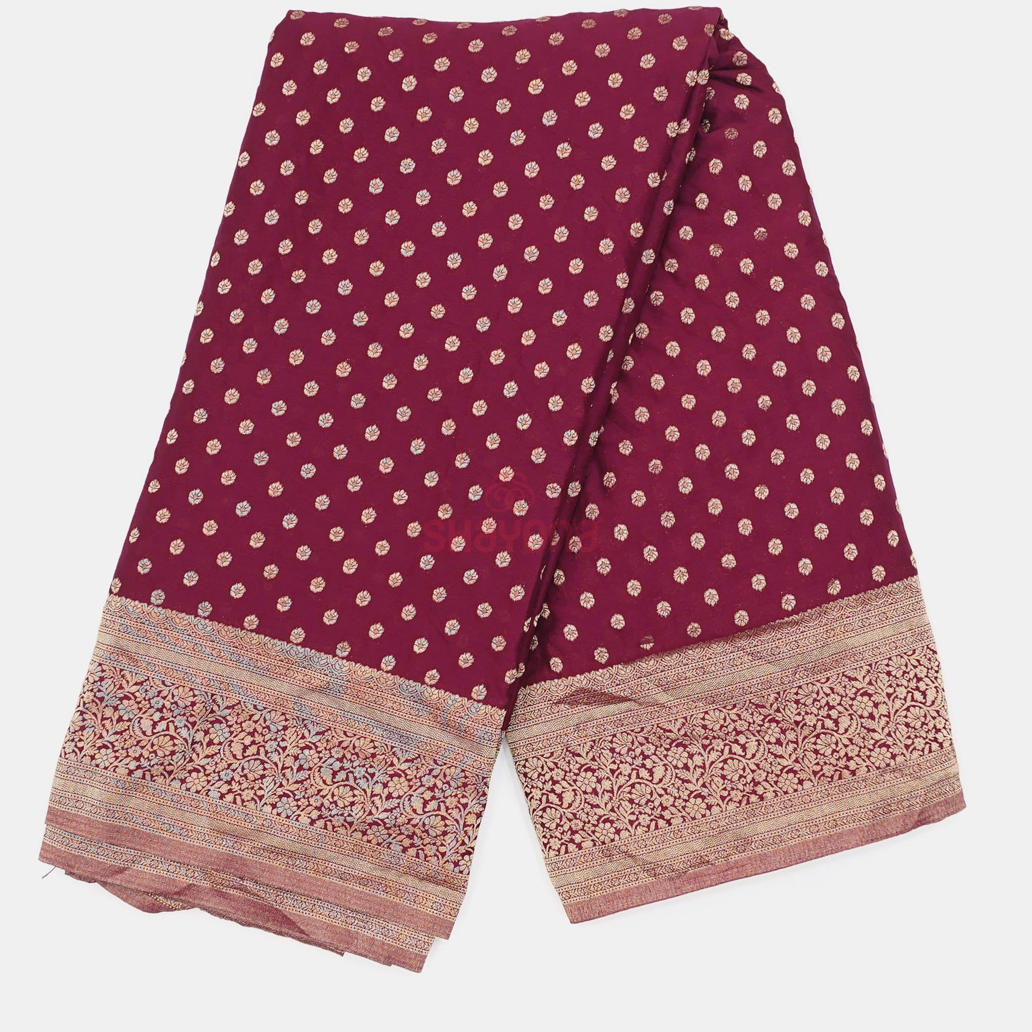 Wine Banarasi Georgette Khaddi Print Saree with All-Over Butti, Jaal, Nakshi Border & Heavy Pallav