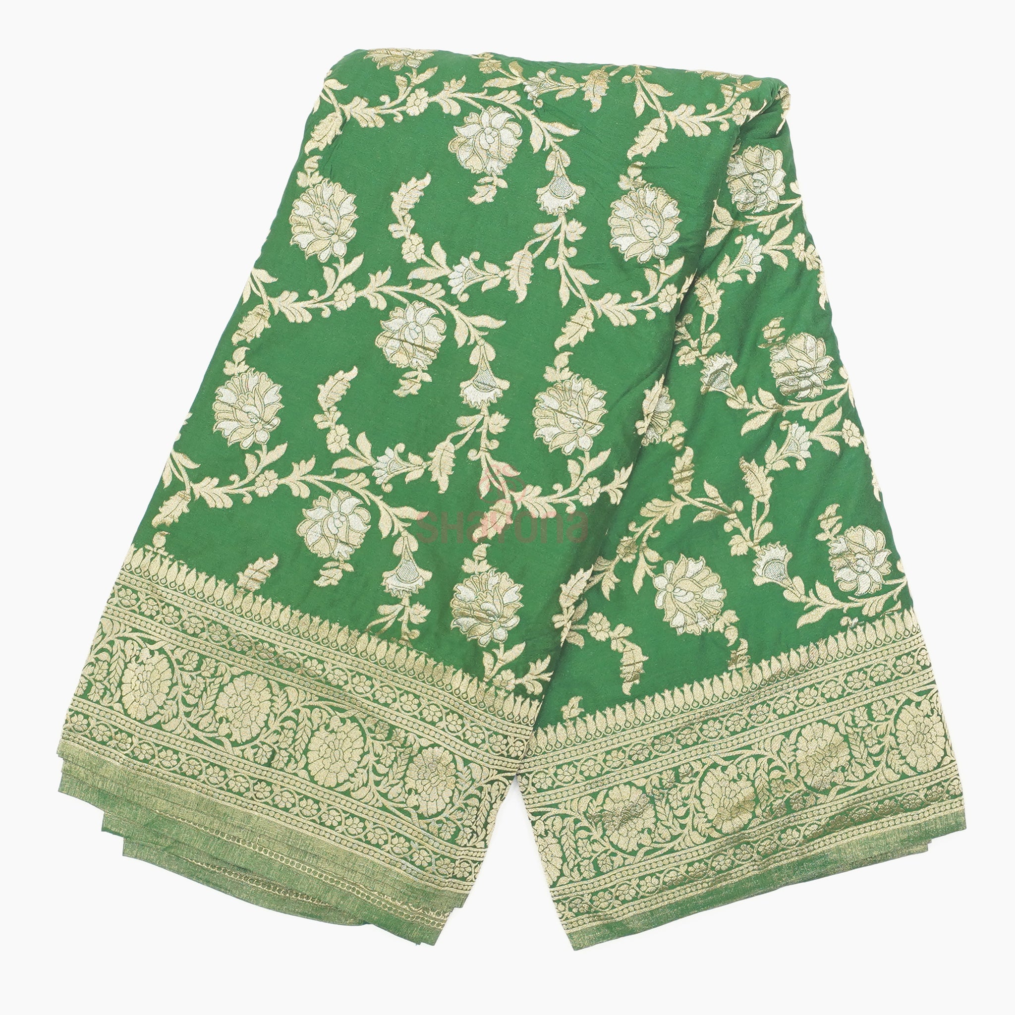 Dark Green Banarasi Georgette Khaddi Print Saree with All Over Jaal Weaving, Nakshi Border & Heavy Pallav