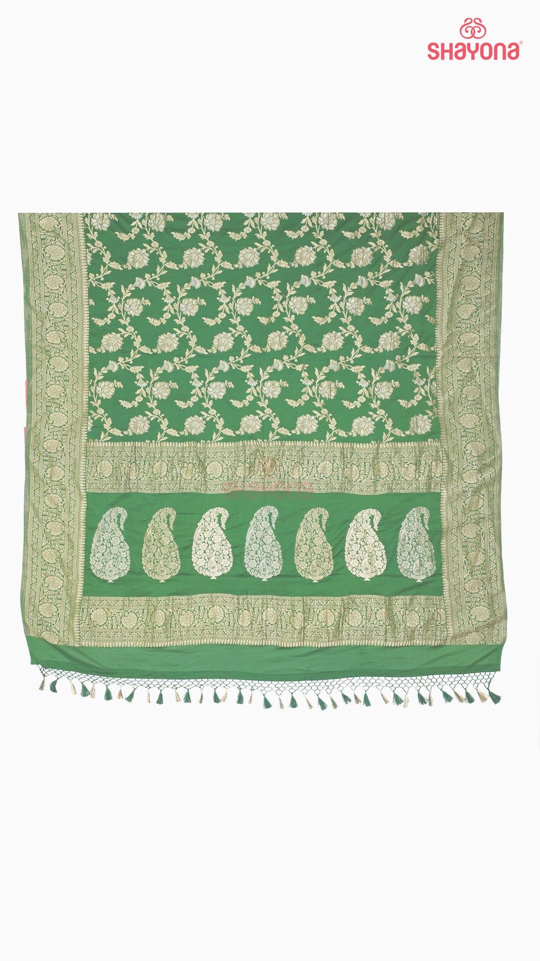 Dark Green Banarasi Georgette Khaddi Print Saree with All Over Jaal Weaving, Nakshi Border & Heavy Pallav