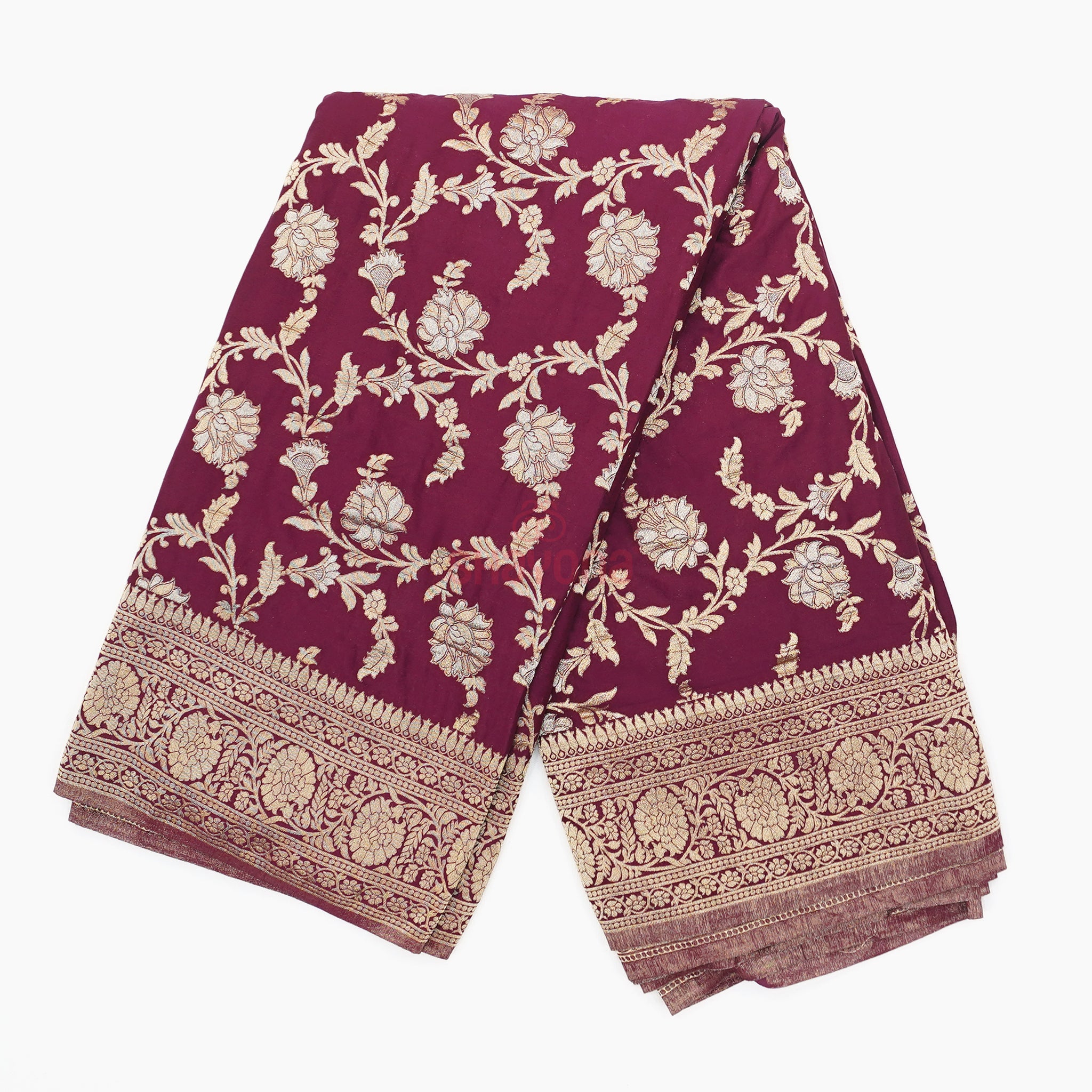 Wine-Coloured Banarasi Georgette Khaddi Print Saree with All-Over Butti, Jaal Weave, Nakshi Border & Heavy Pallav