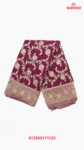 Wine-Coloured Banarasi Georgette Khaddi Print Saree with All-Over Butti, Jaal Weave, Nakshi Border & Heavy Pallav