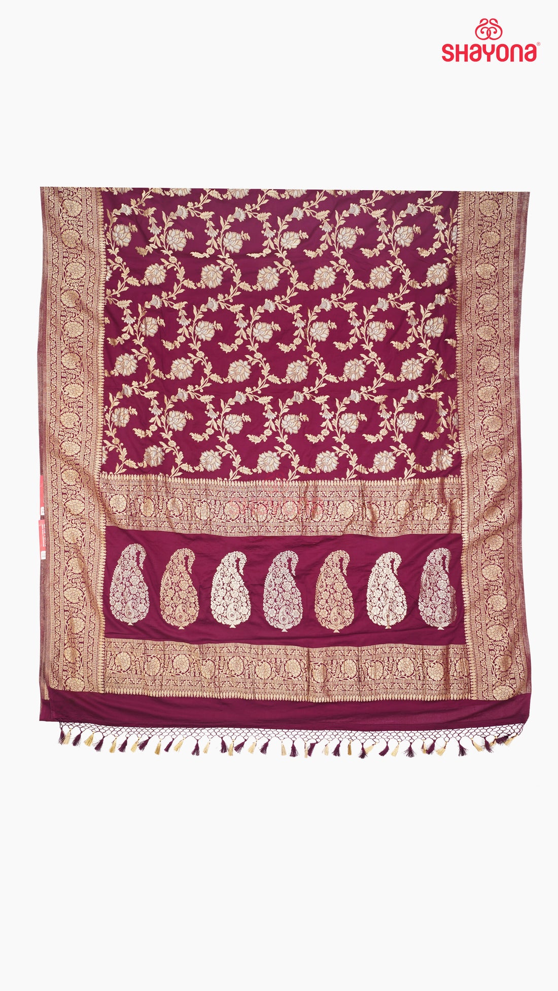 Wine-Coloured Banarasi Georgette Khaddi Print Saree with All-Over Butti, Jaal Weave, Nakshi Border & Heavy Pallav