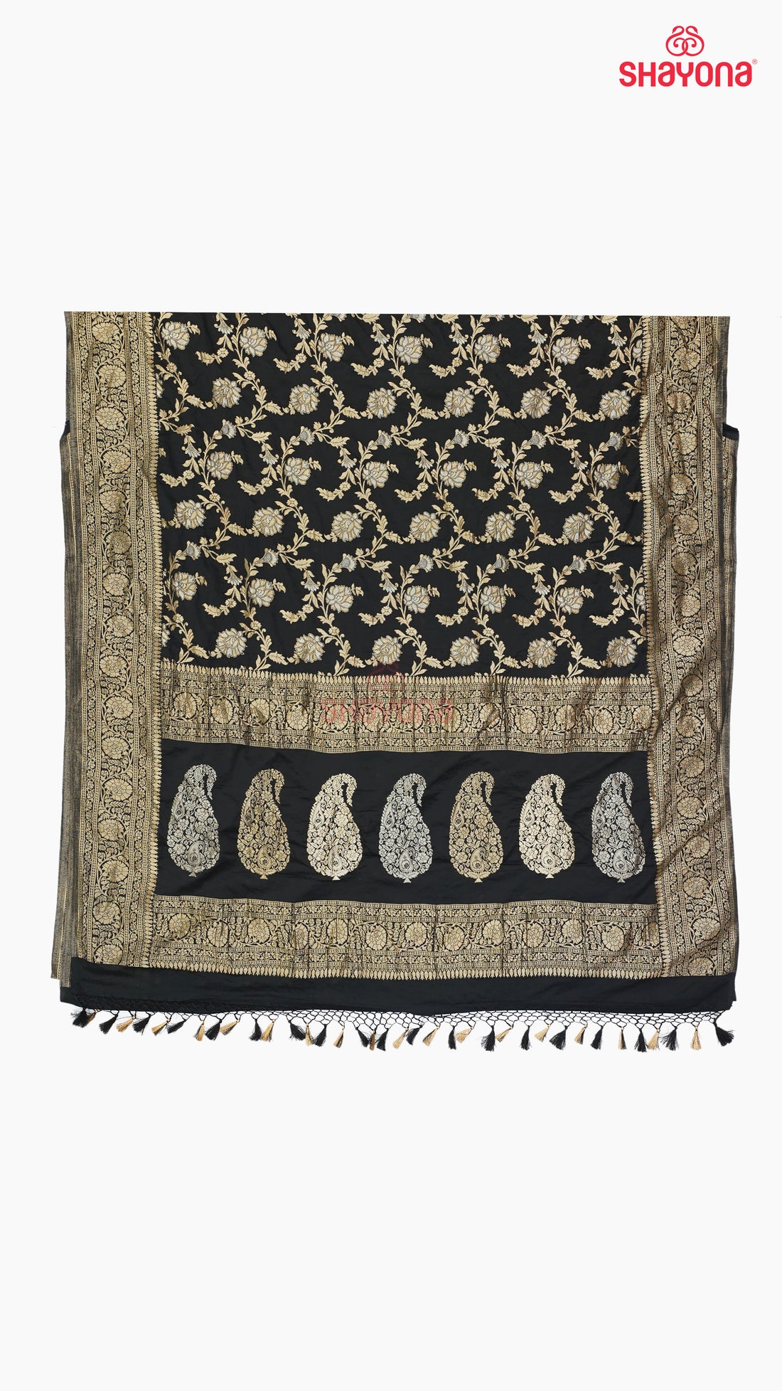 Black Banarasi Georgette Khaddi Print Saree with All-Over Butti, Jaal Weave, Nakshi Border & Heavy Pallav