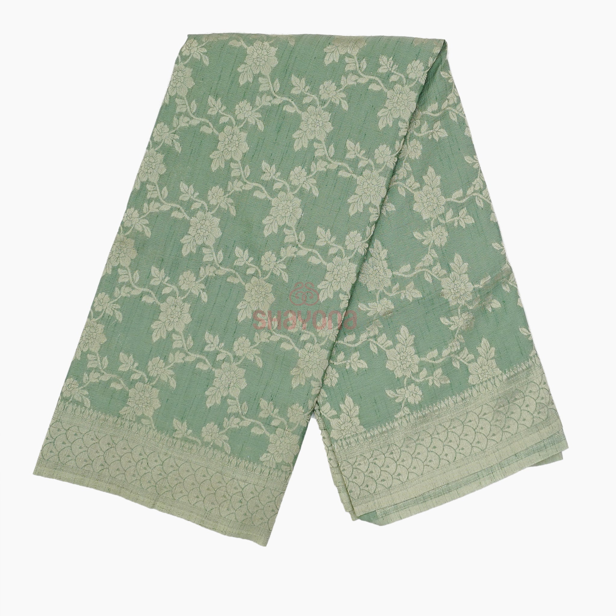 Grayish Cyan Banarasi Georgette Khaddi Print Saree with All-Over Jaal Weave, Nakshi Border & Heavy Pallav