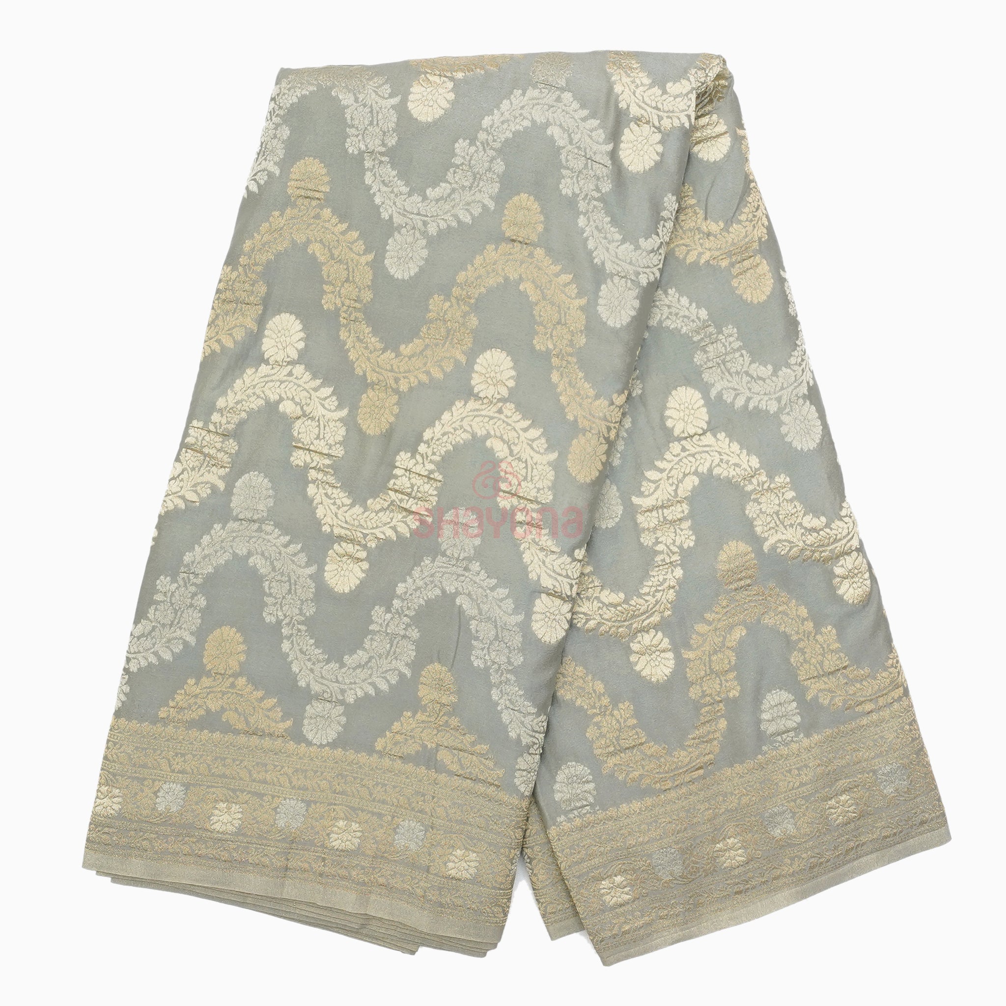 Gray Banarasi Georgette Khaddi Print Saree with All Over Jaal Weave, Nakshi Border & Heavy Pallav