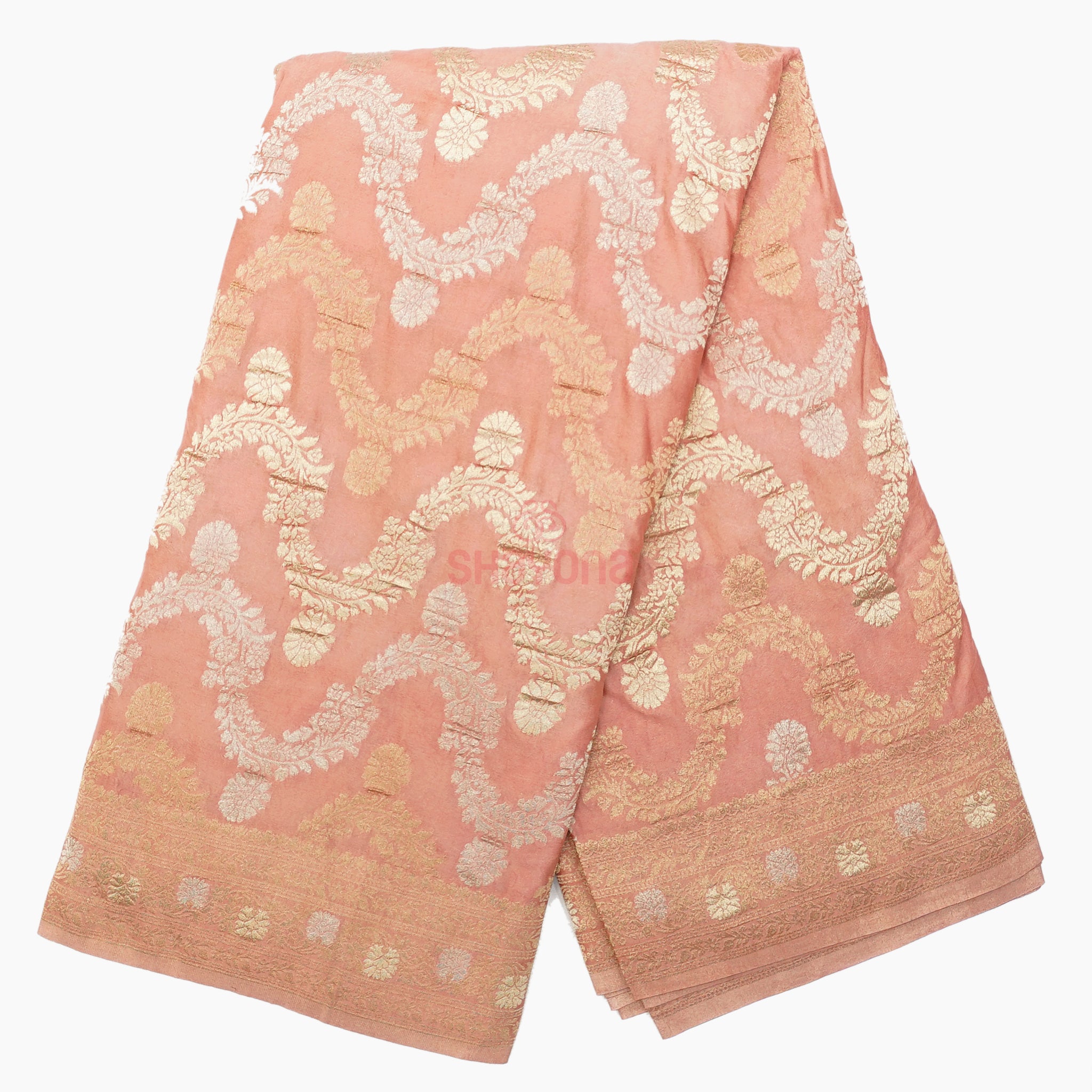 Light Rose Gold Banarasi Georgette Khaddi Print Saree with All-Over Jaal, Nakshi Border & Heavy Pallav