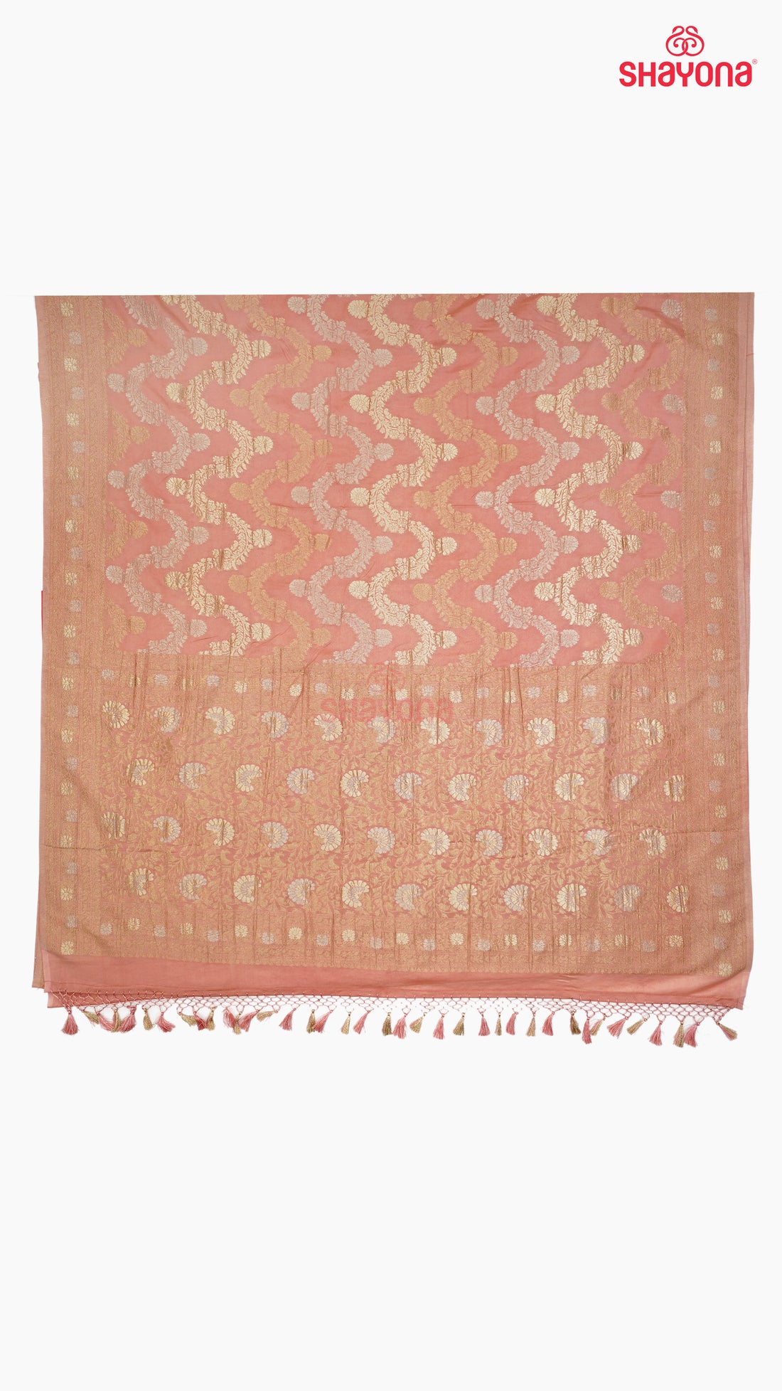 Light Rose Gold Banarasi Georgette Khaddi Print Saree with All-Over Jaal, Nakshi Border & Heavy Pallav