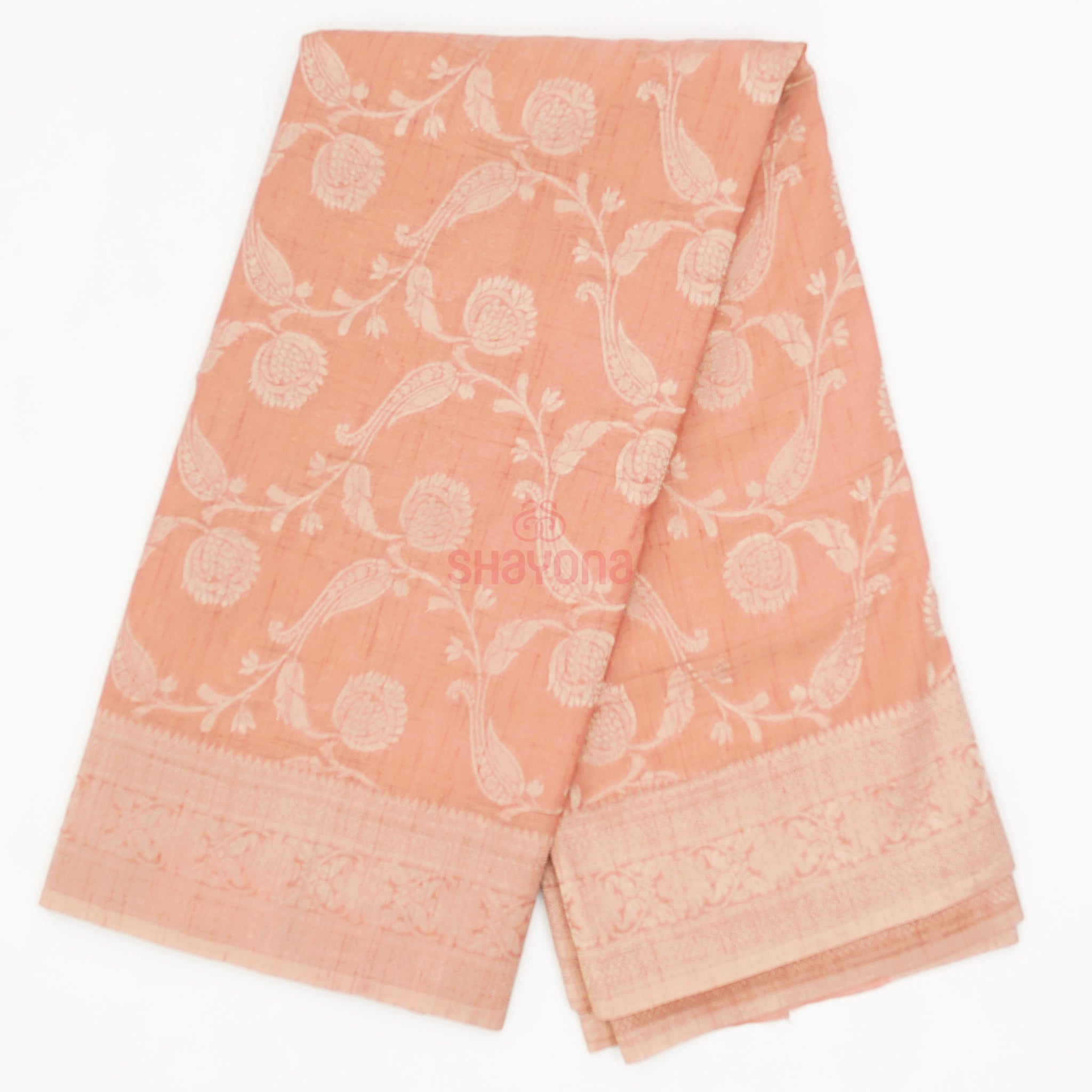 Light Rose Gold Banarasi Georgette Khaddi Print Saree with All Over Jaal, Nakshi Border & Heavy Pallav