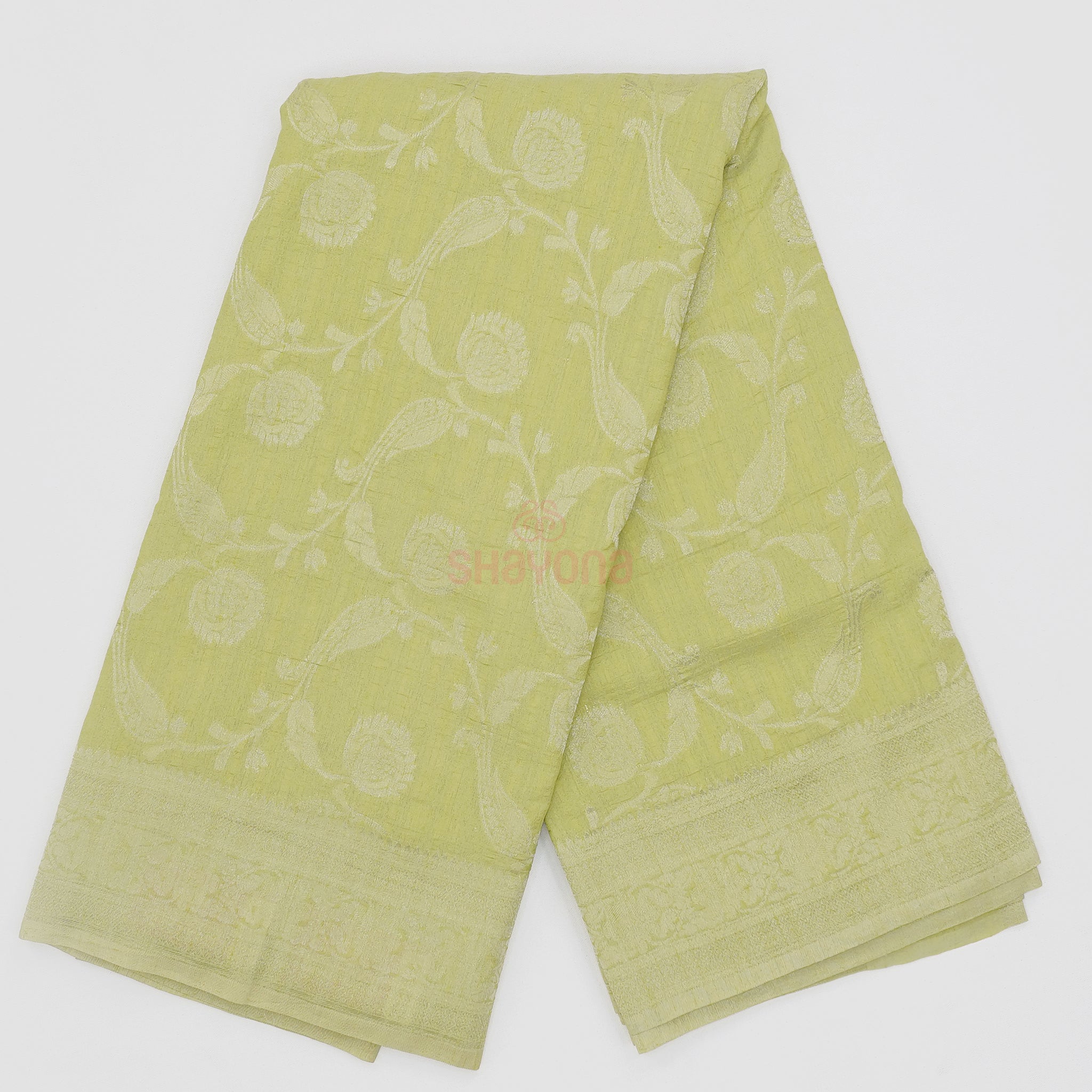 Olive Banarasi Georgette Khaddi Print Saree with All-Over Butti, Jaal Weave, Nakshi Border & Heavy Pallav