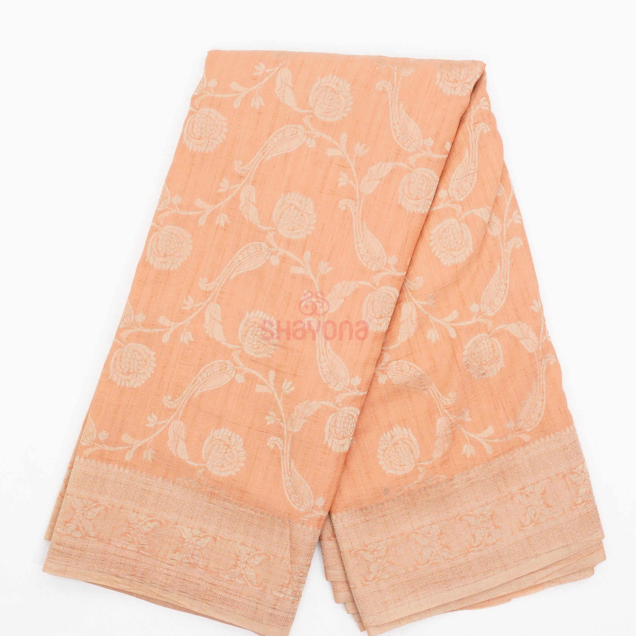 Light Peach Banarasi Georgette Khaddi Print Saree with All Over Jaal, Nakshi Border & Heavy Pallav