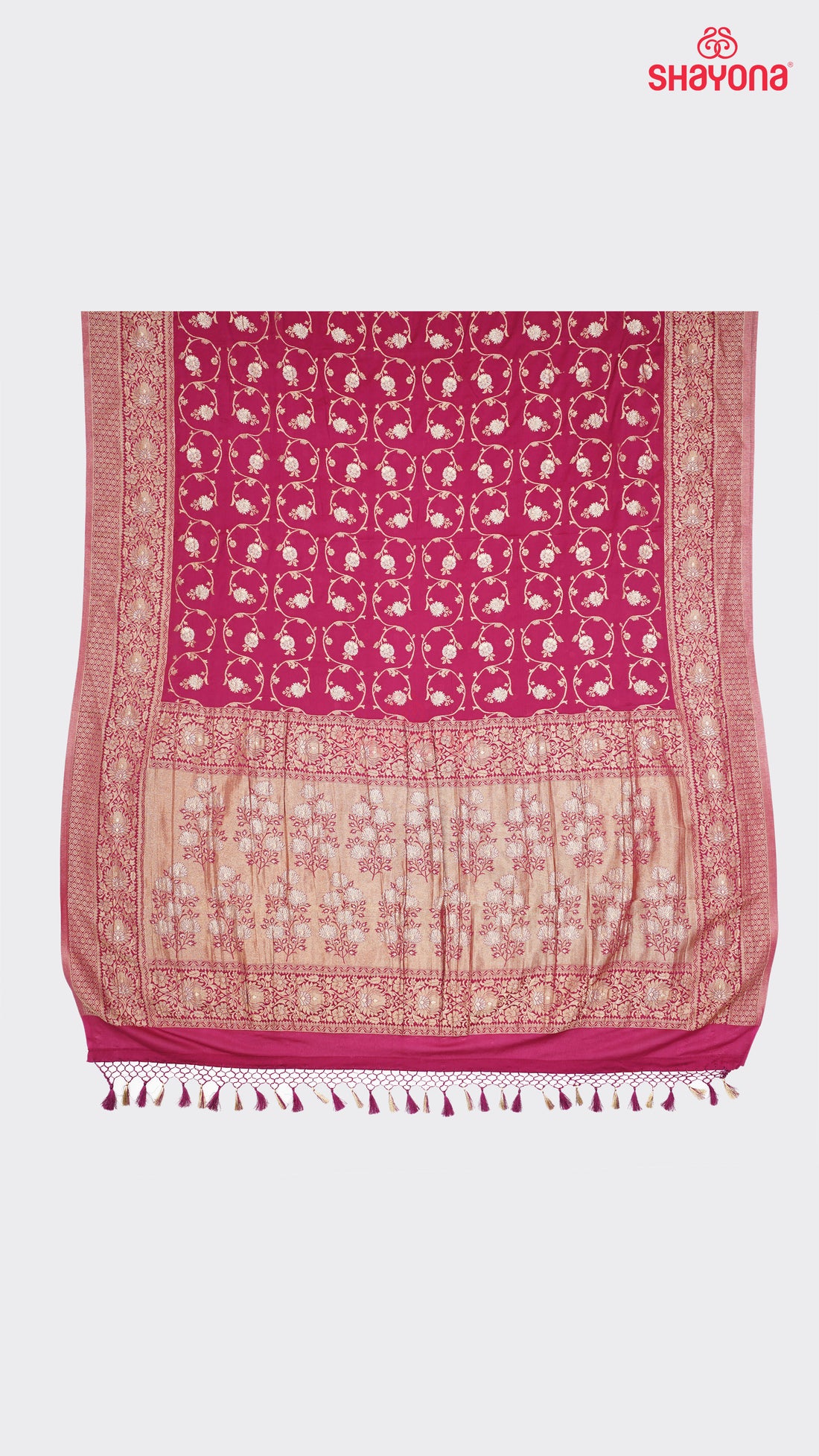 Dark Violet Red Banarasi Georgette Khaddi Print Saree with Butti, All-Over Jaal Weave, Nakshi Border & Heavy Pallav