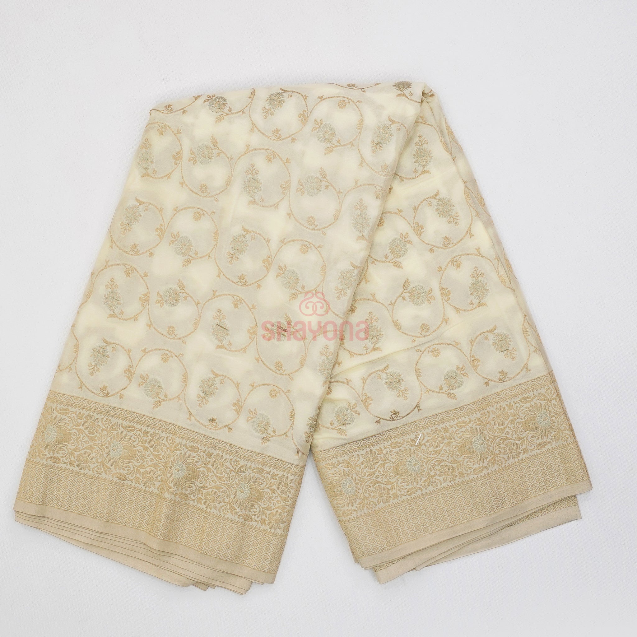 Ivory Cream Banarasi Georgette Khaddi Print Saree with Butti, Jaal Weave, Nakshi Border & Heavy Pallav