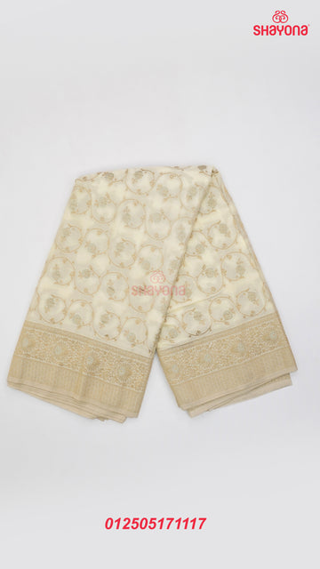Ivory Cream Banarasi Georgette Khaddi Print Saree with Butti, Jaal Weave, Nakshi Border & Heavy Pallav