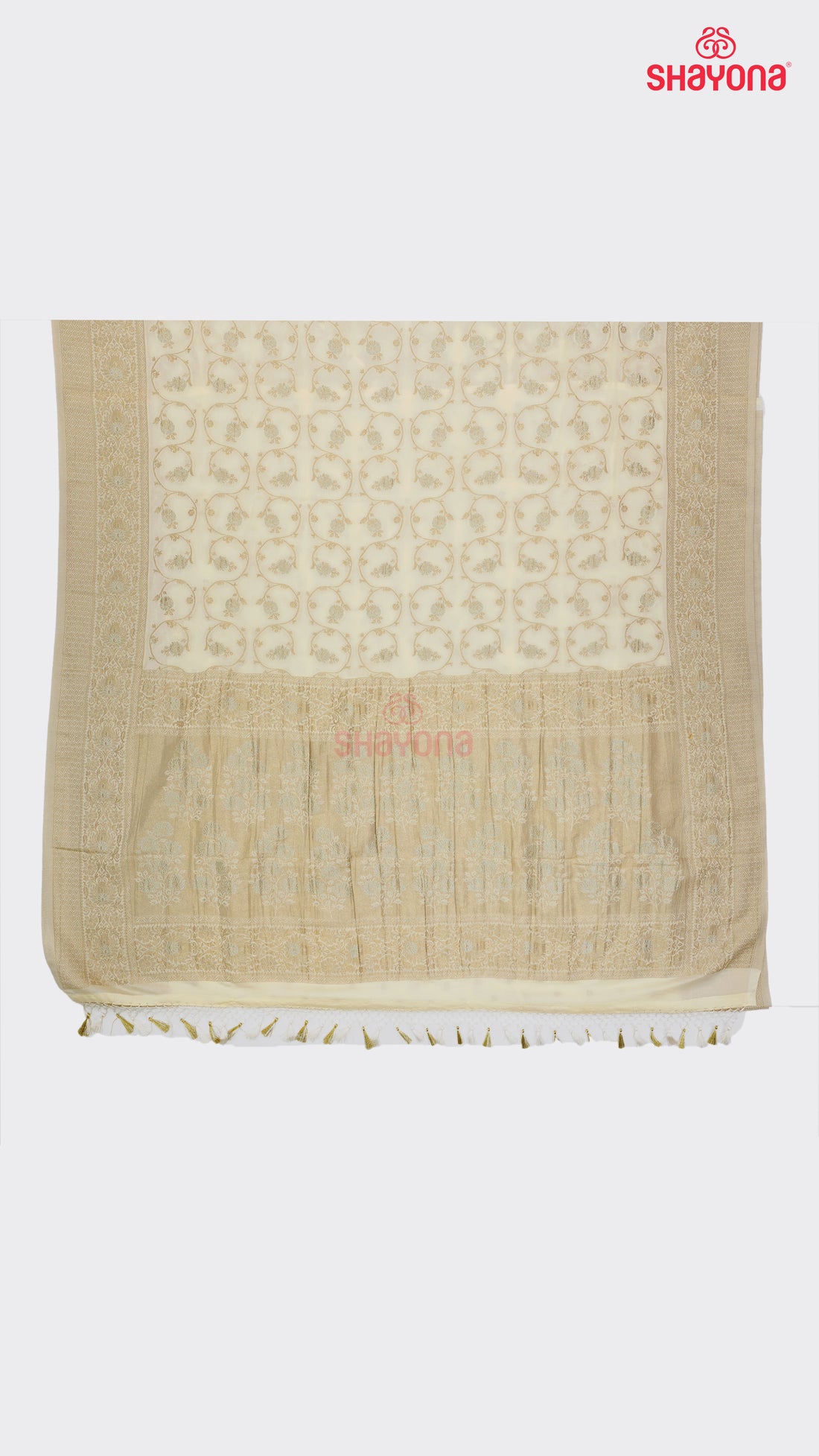 Ivory Cream Banarasi Georgette Khaddi Print Saree with Butti, Jaal Weave, Nakshi Border & Heavy Pallav