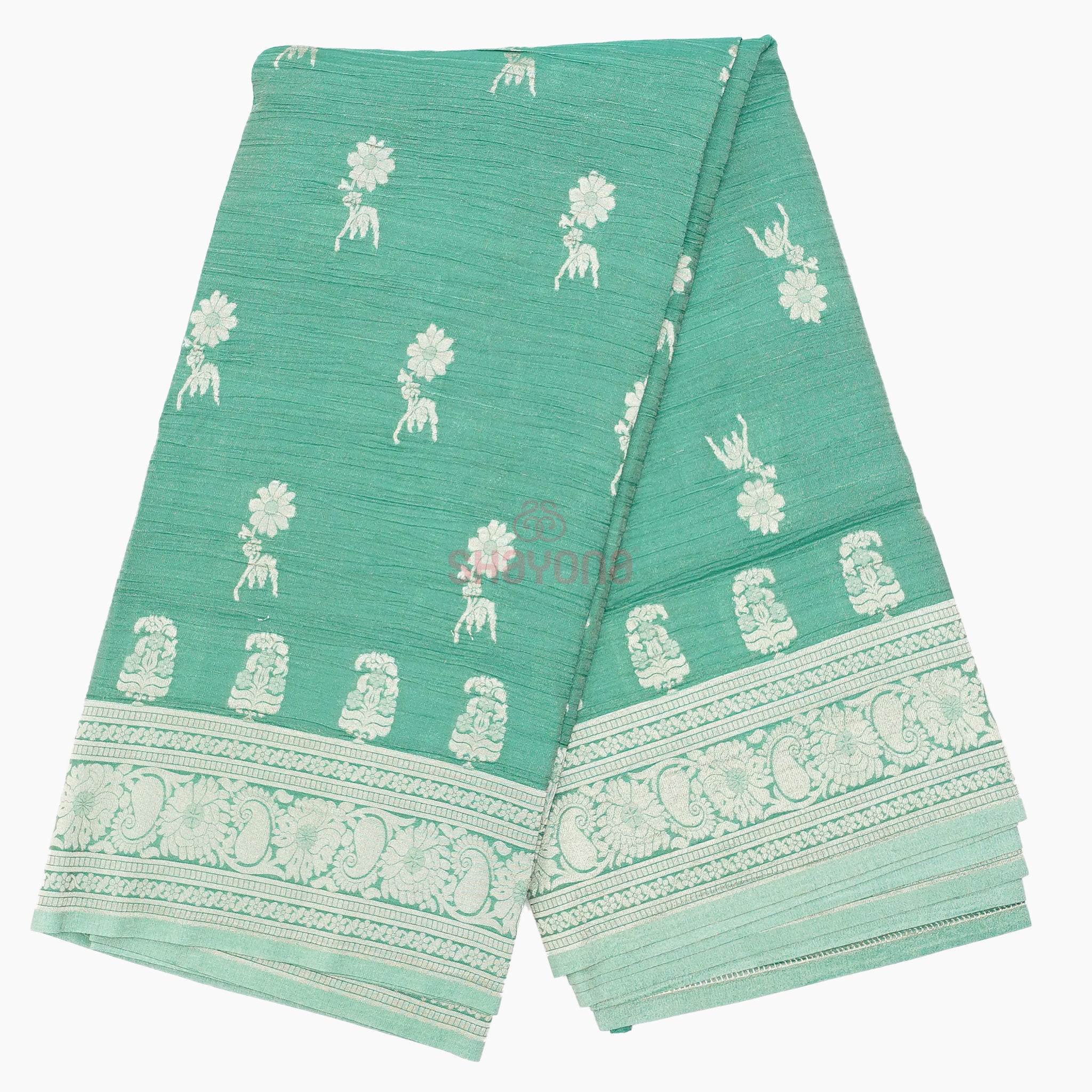 Dark Cadet Blue Banarasi Georgette Khaddi Print Saree with Butta Gala, Jaal Nakshi Border & Heavy Pallav