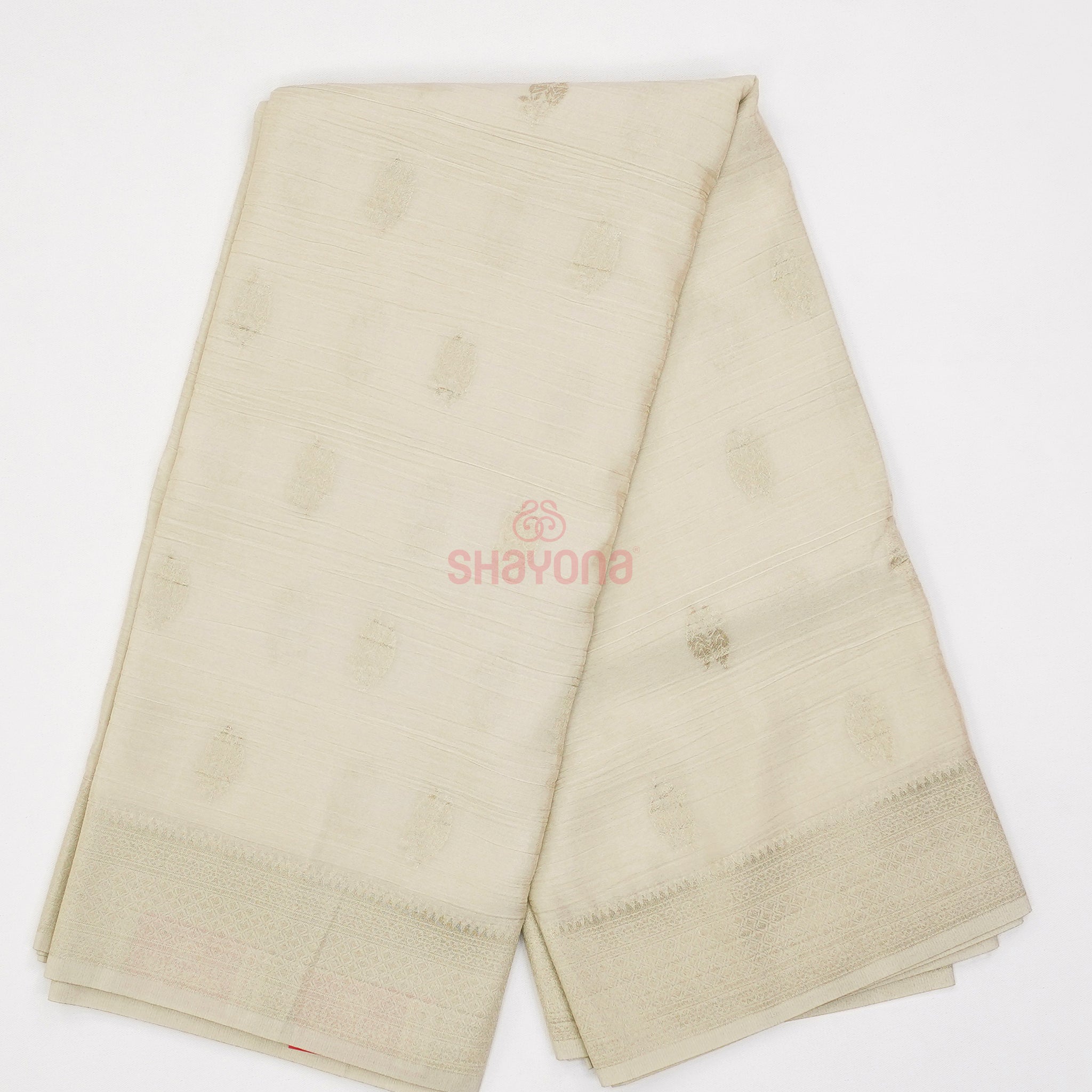 Ivory White Banarasi Georgette Khaddi Print Saree with Butta Gala, All-Over Jaal Nakshi Border & Heavy Pallav