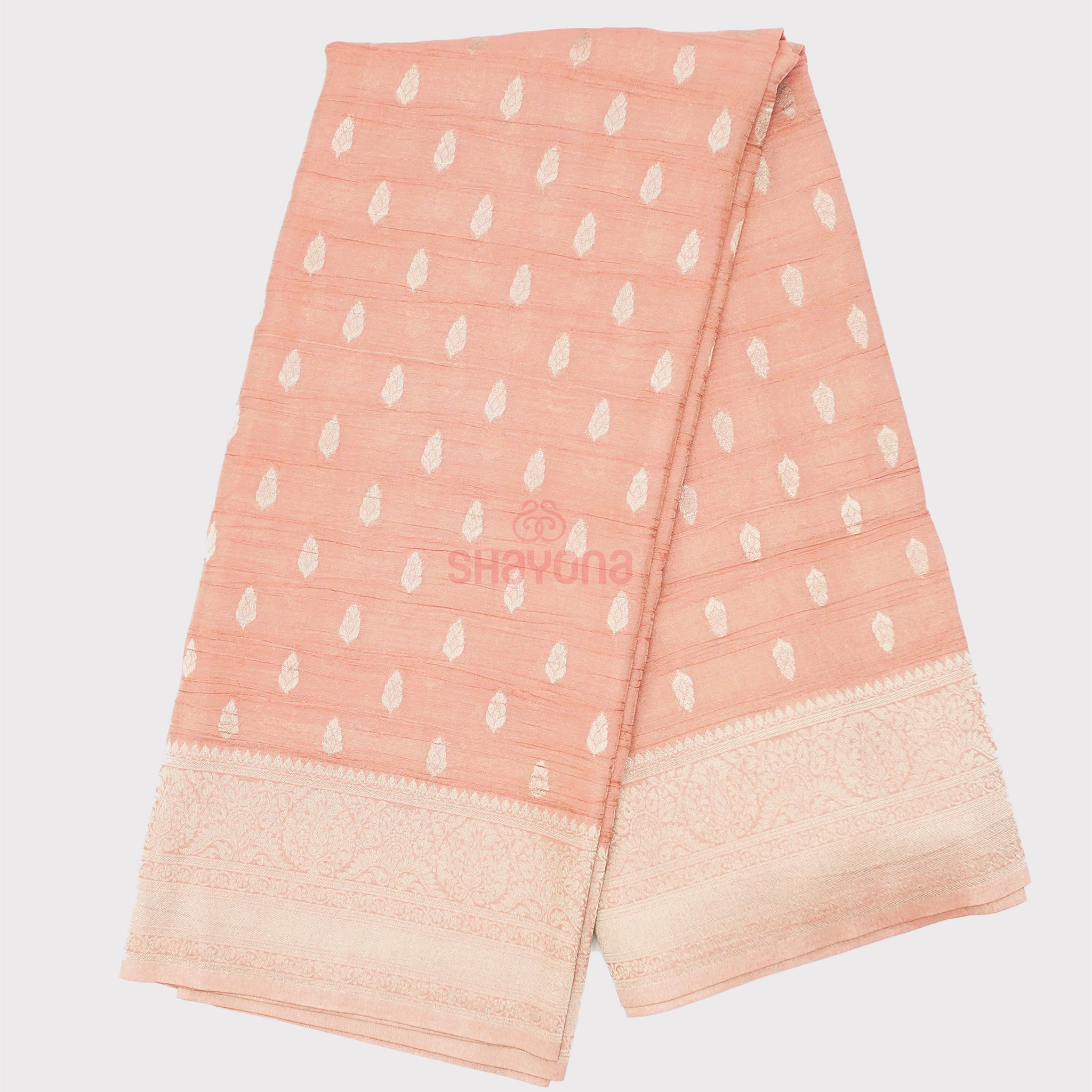 Light Rose Gold Banarasi Georgette Khaddi Soft Silk Saree with Butta Gala, Jaal Nakshi Border & Heavy Pallav