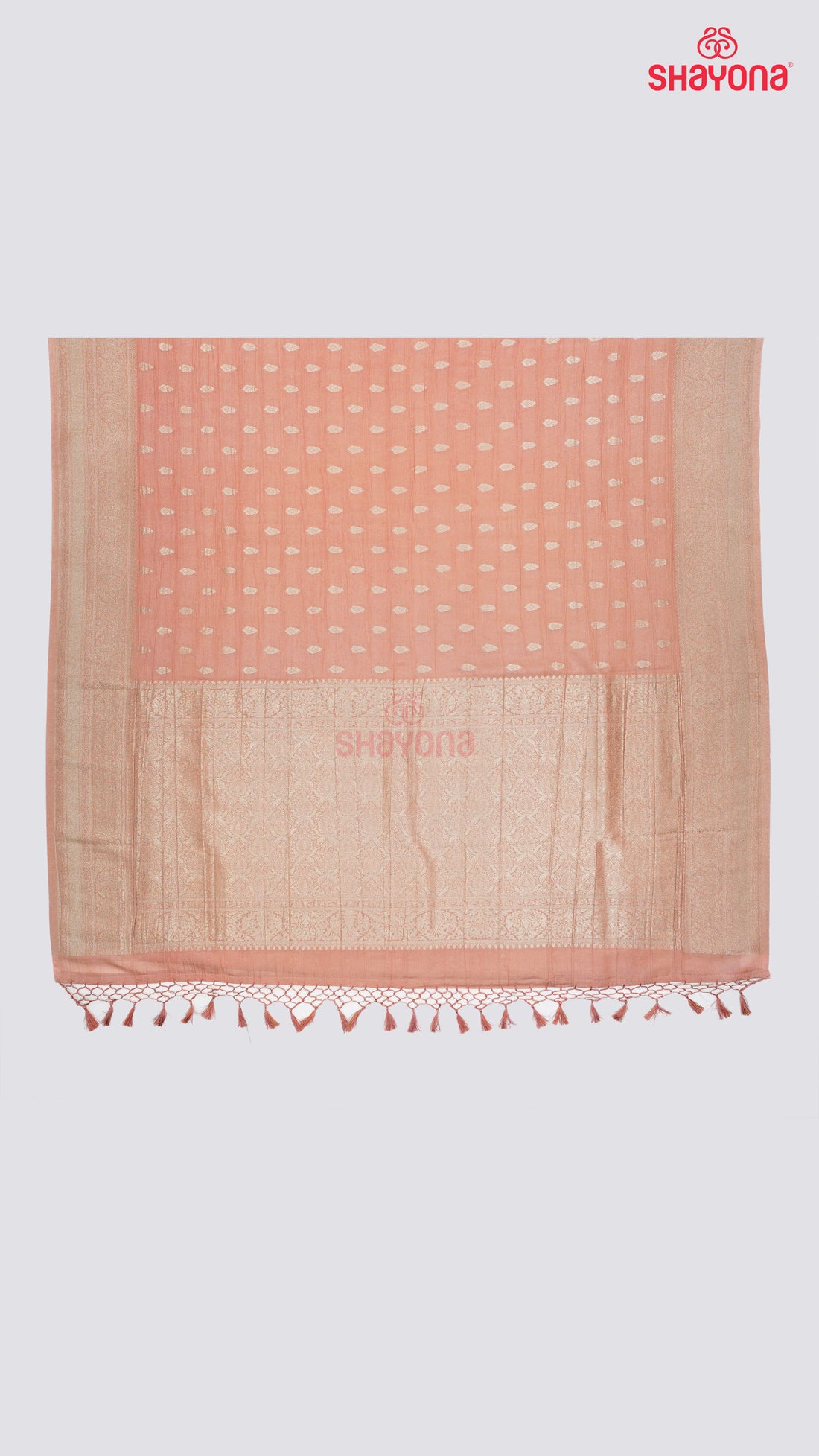 Light Rose Gold Banarasi Georgette Khaddi Soft Silk Saree with Butta Gala, Jaal Nakshi Border & Heavy Pallav