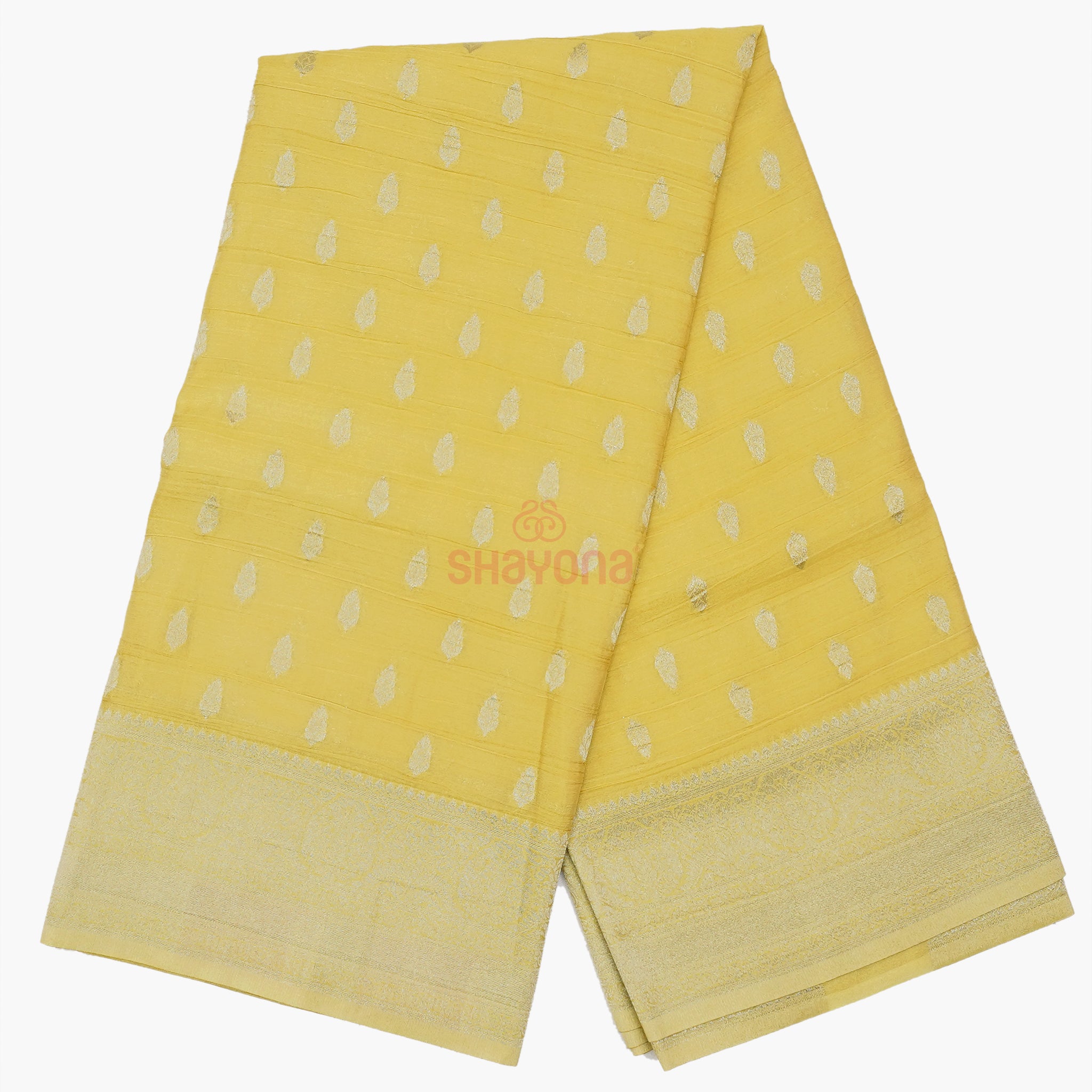 Yellow Gold Banarasi Georgette Khaddi Soft Silk Saree with Butta Gala, Jaal Nakshi Border & Heavy Pallav