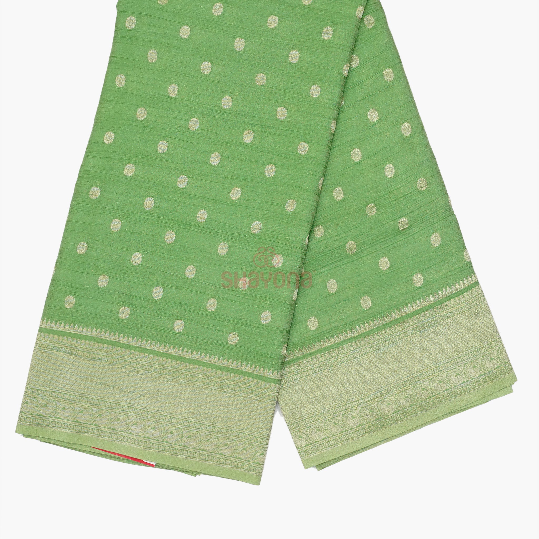 Medium Green Banarasi Georgette Khaddi Soft Silk Saree with Butti Gala, All Over Jaal Nakshi Border & Heavy Pallav
