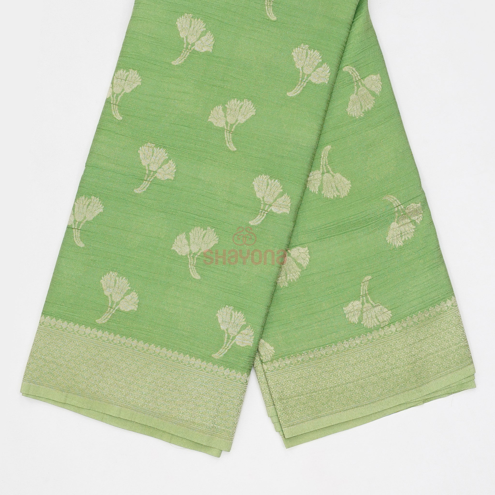 Medium Green Banarasi Georgette Khaddi Soft Silk Saree with Butta Gala, Jaal Nakshi Border & Heavy Pallav